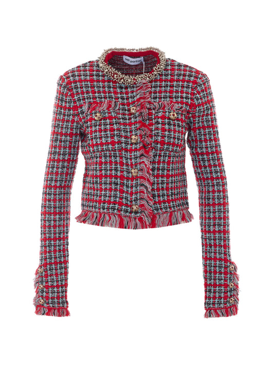 checked frayed knit jacket