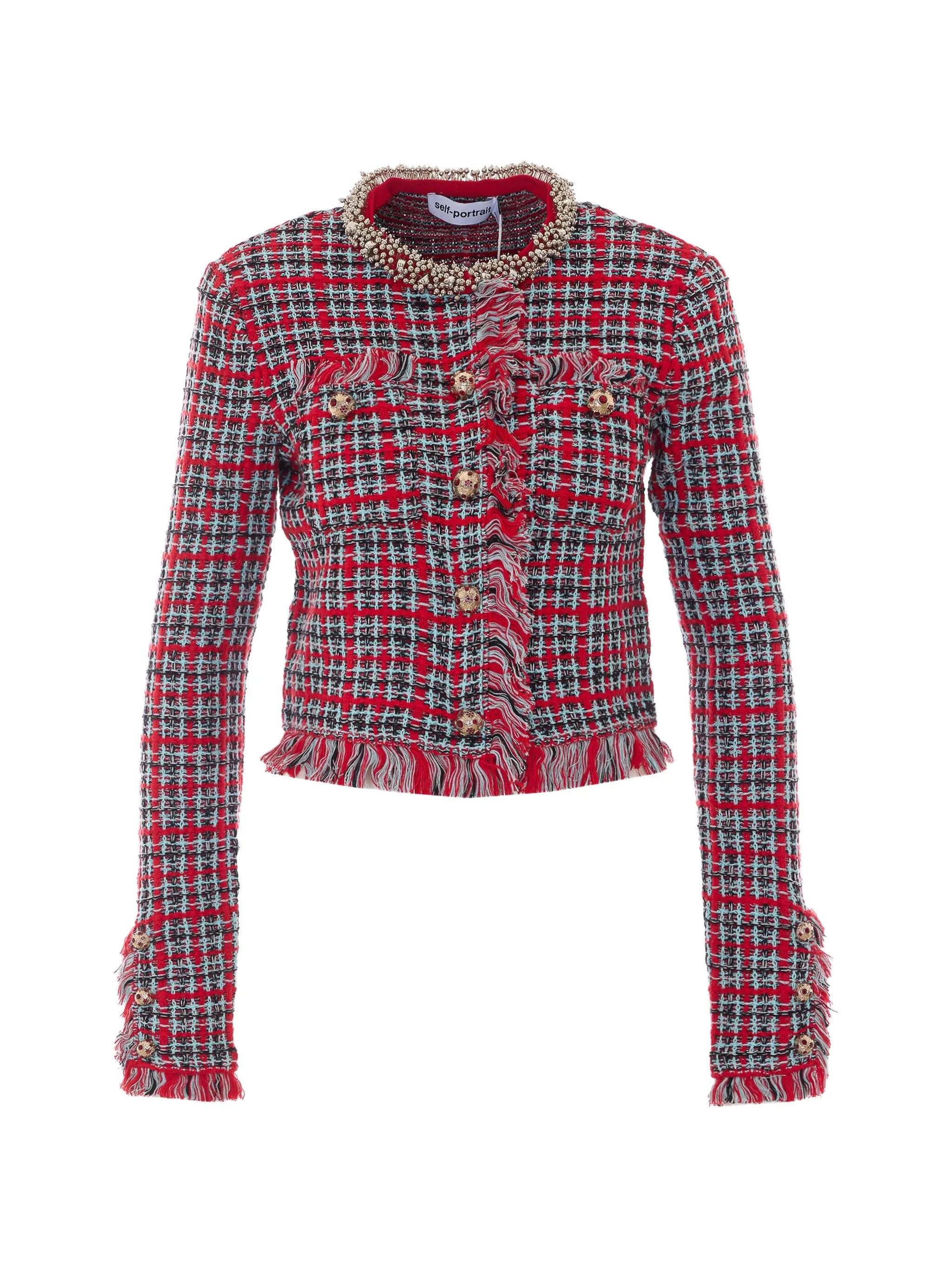 check frayed knit jacket
