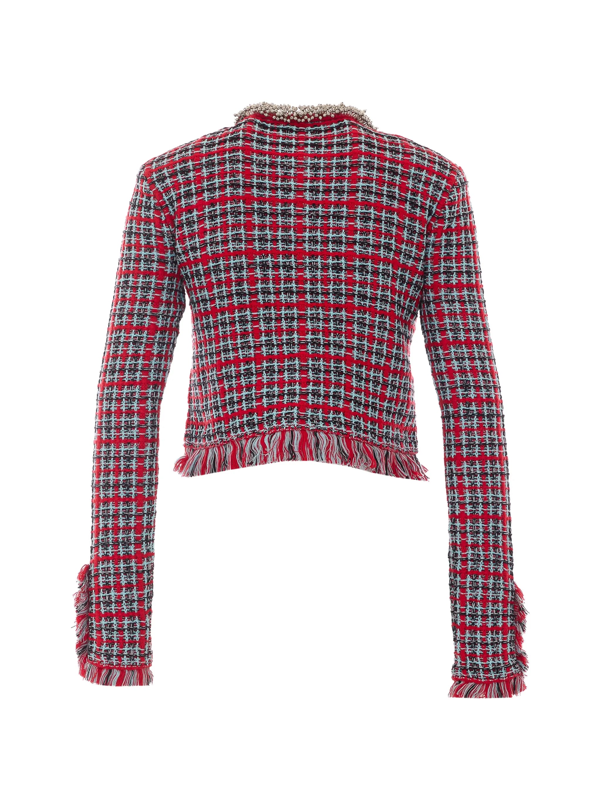 check frayed knit jacket