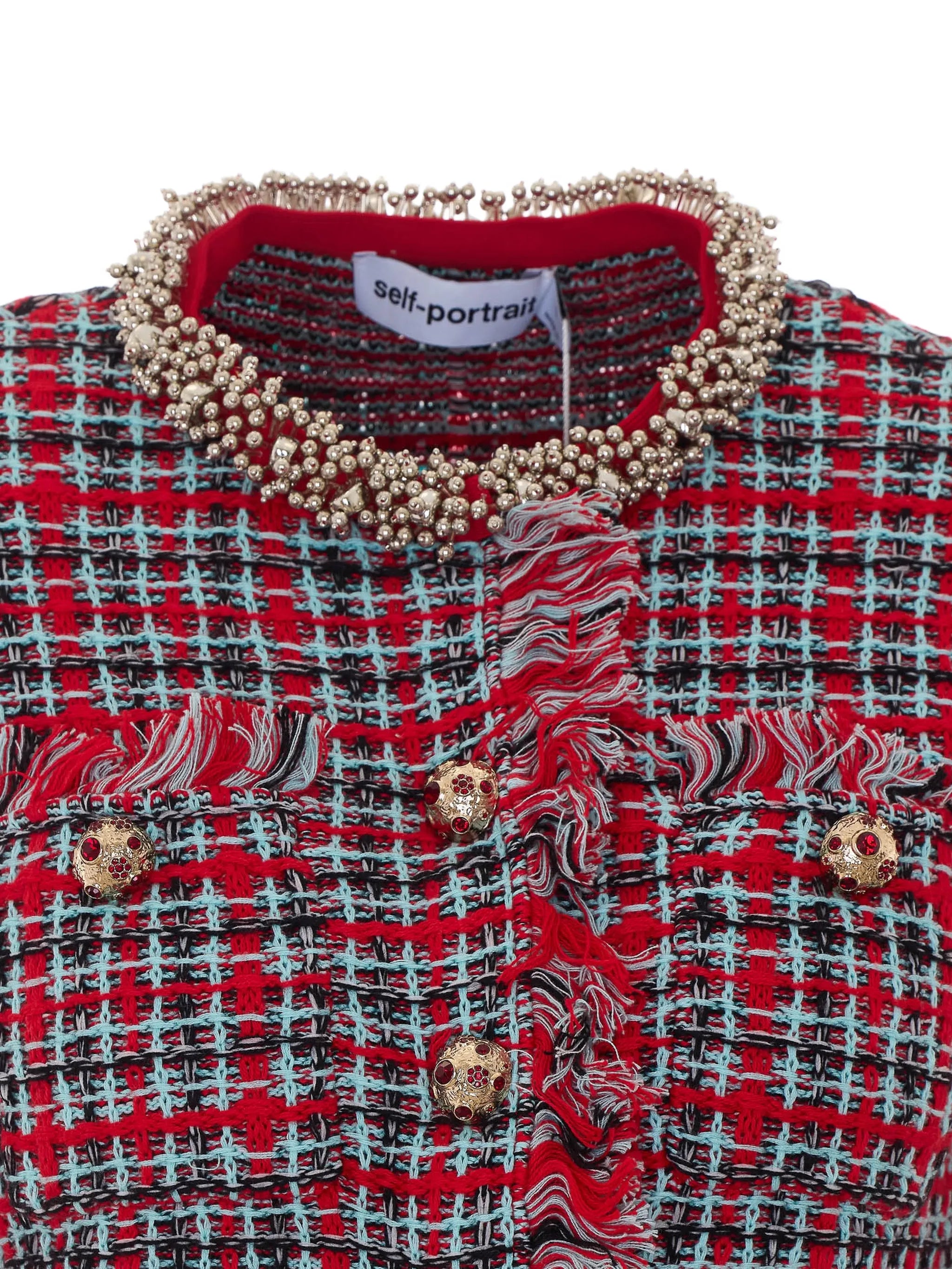 check frayed knit jacket
