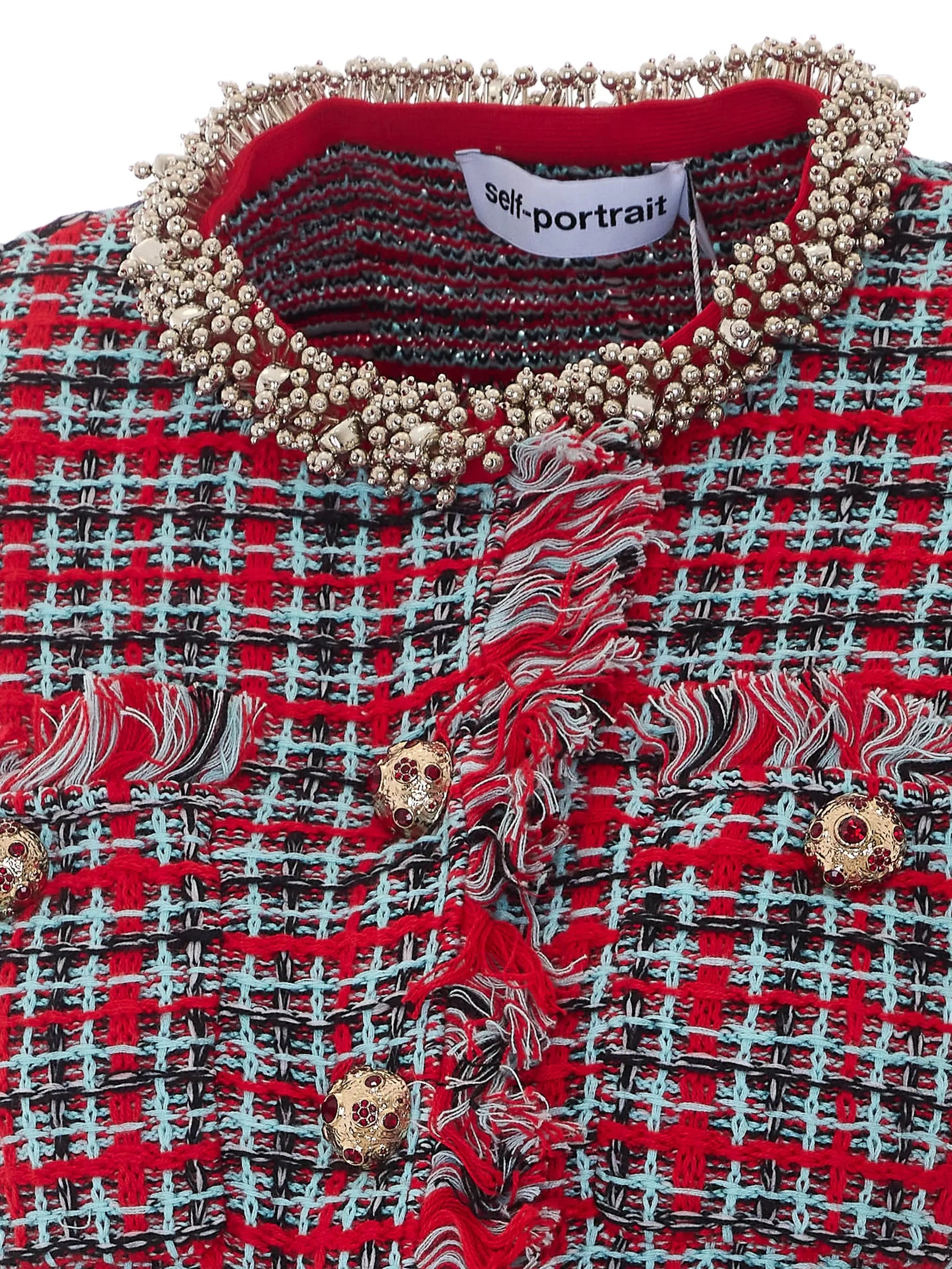 check frayed knit jacket