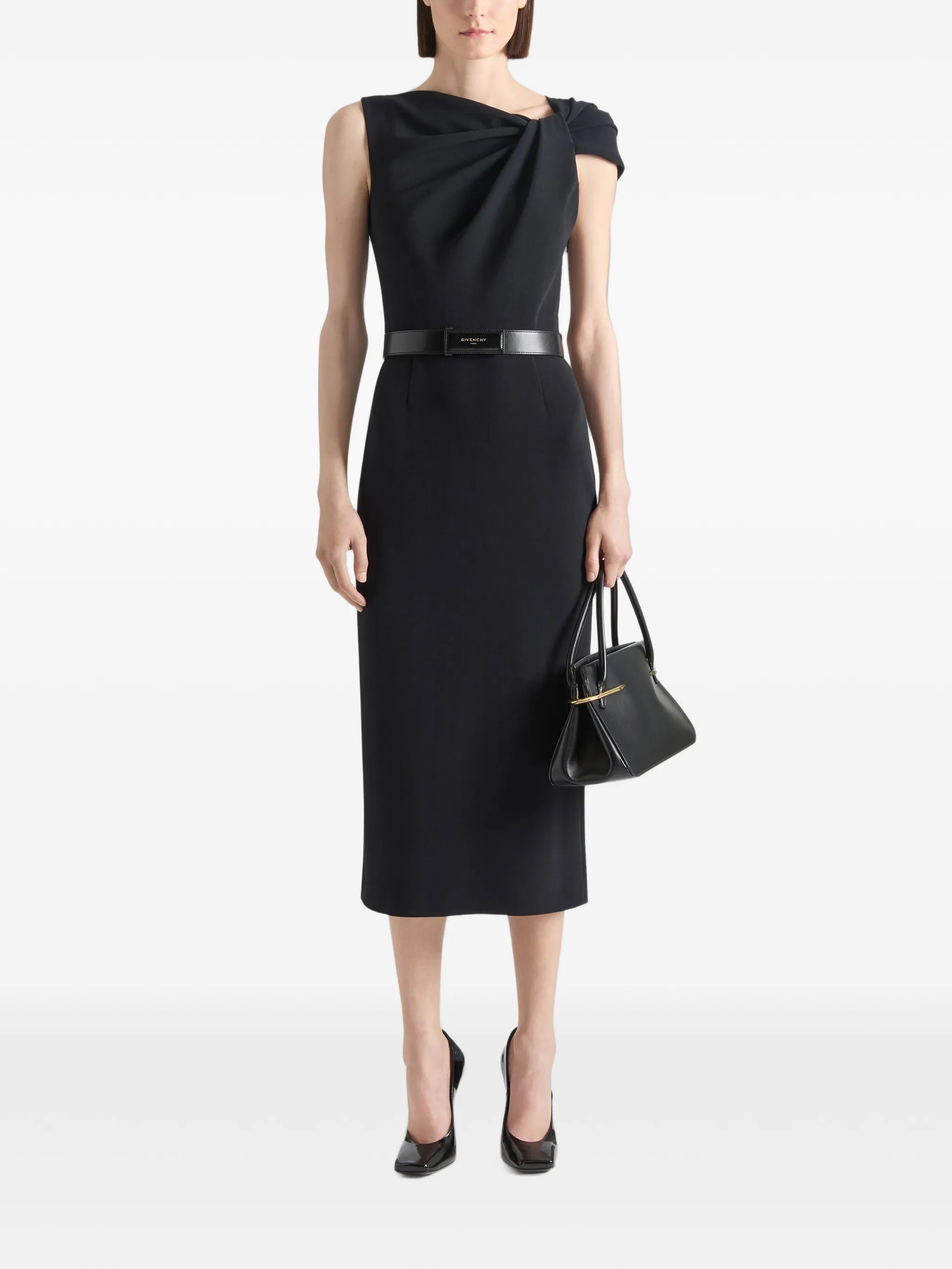 draped pencil dress in crepe cady