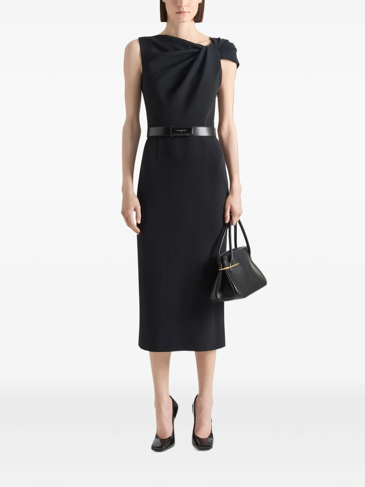 draped pencil dress in crepe cady
