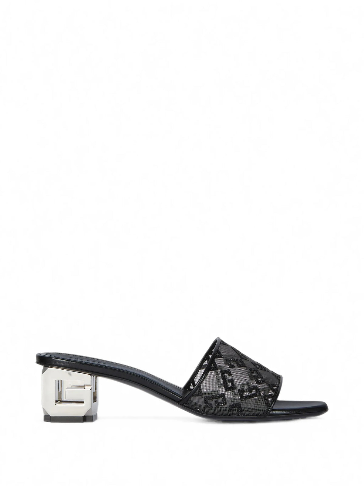 G Cube mules in monogram 72 mesh with lurex