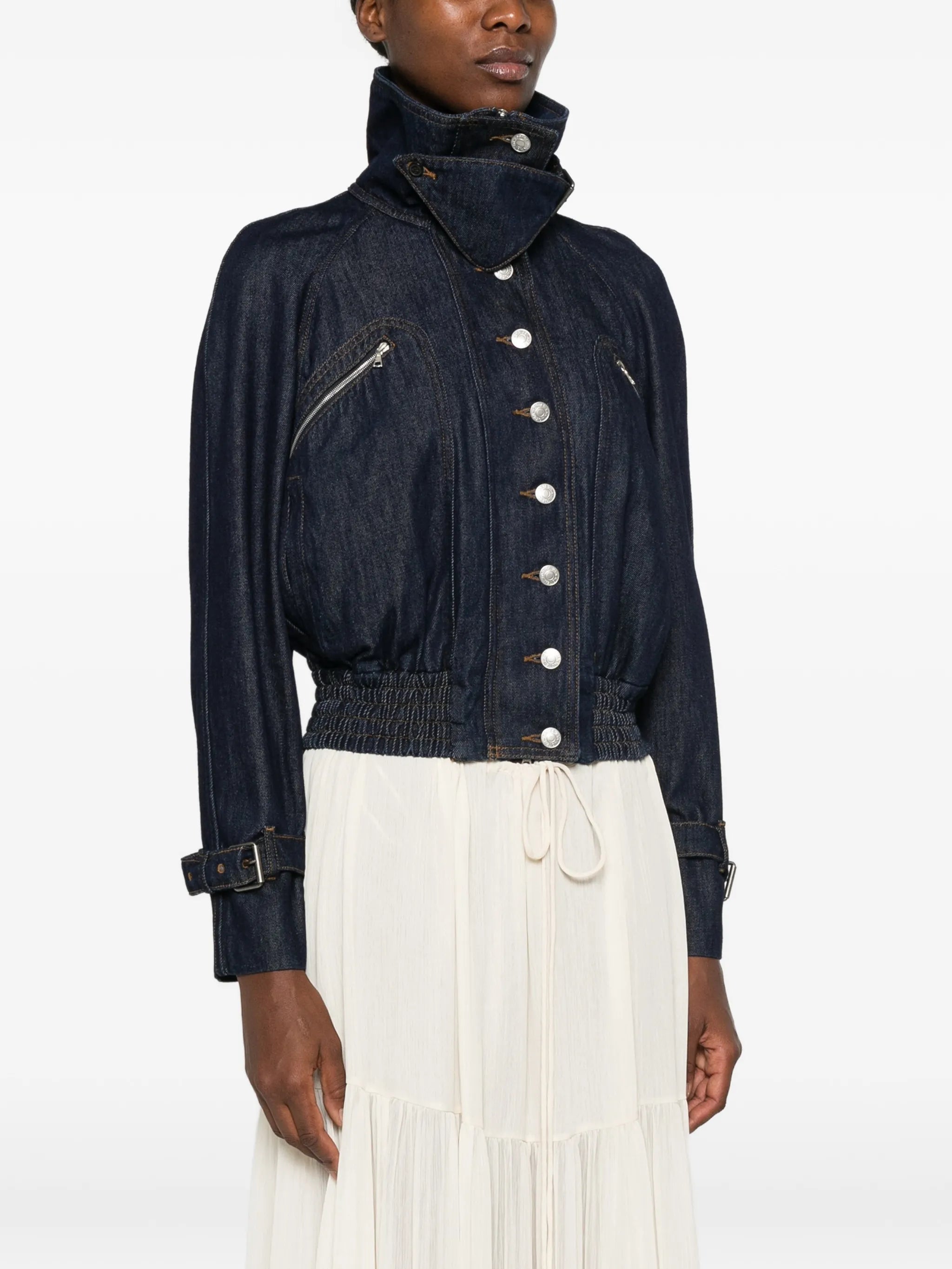 high-neck elasticated-hem denim jacket