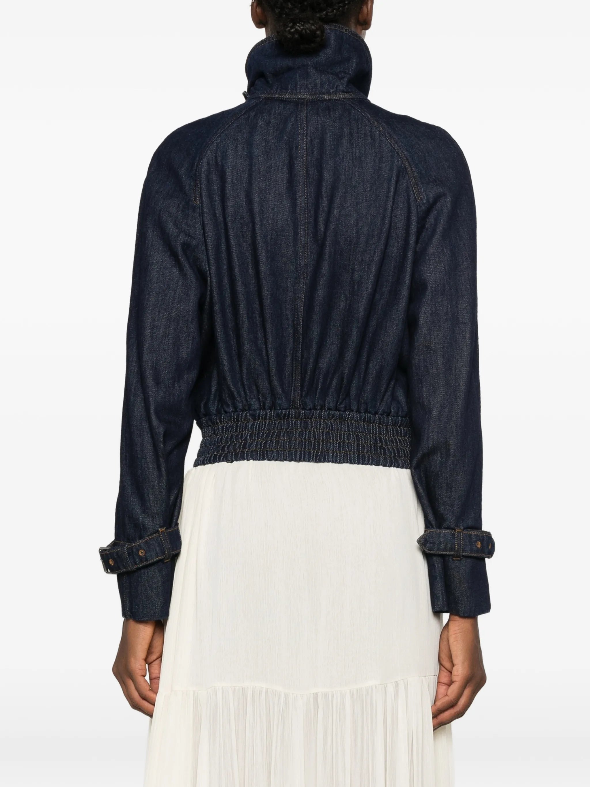 high-neck elasticated-hem denim jacket