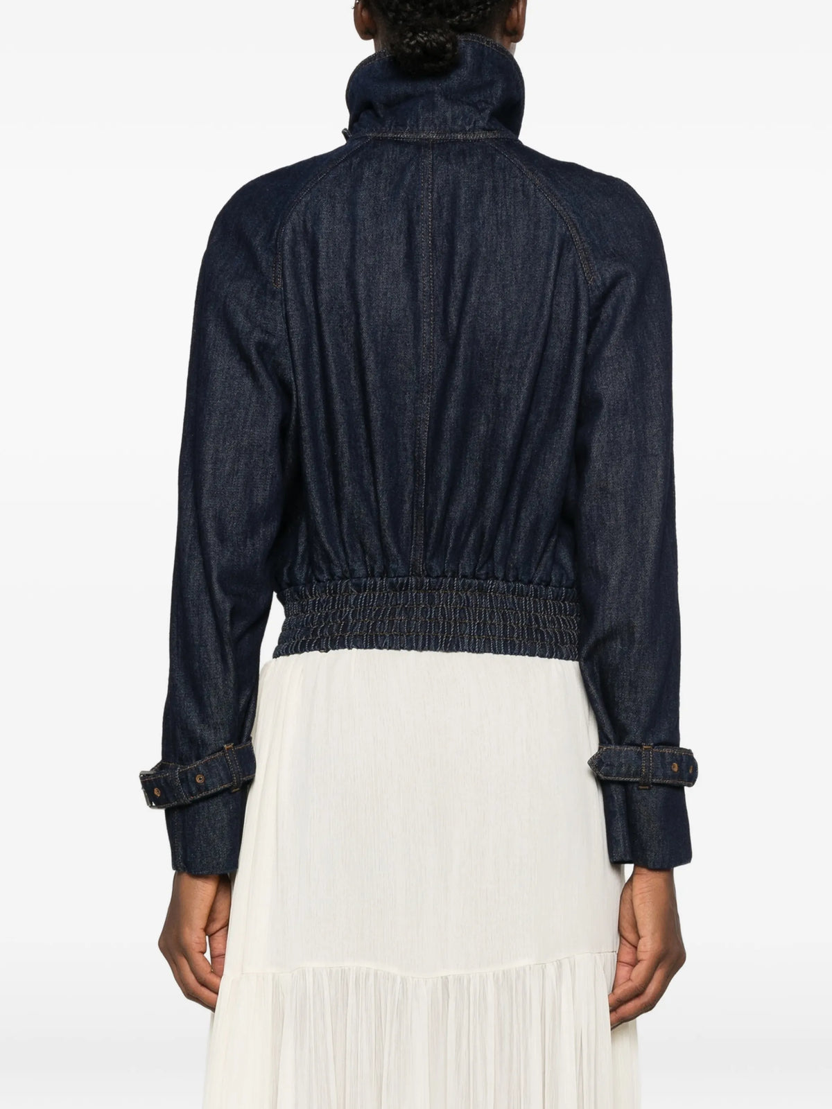high-neck elasticated-hem denim jacket