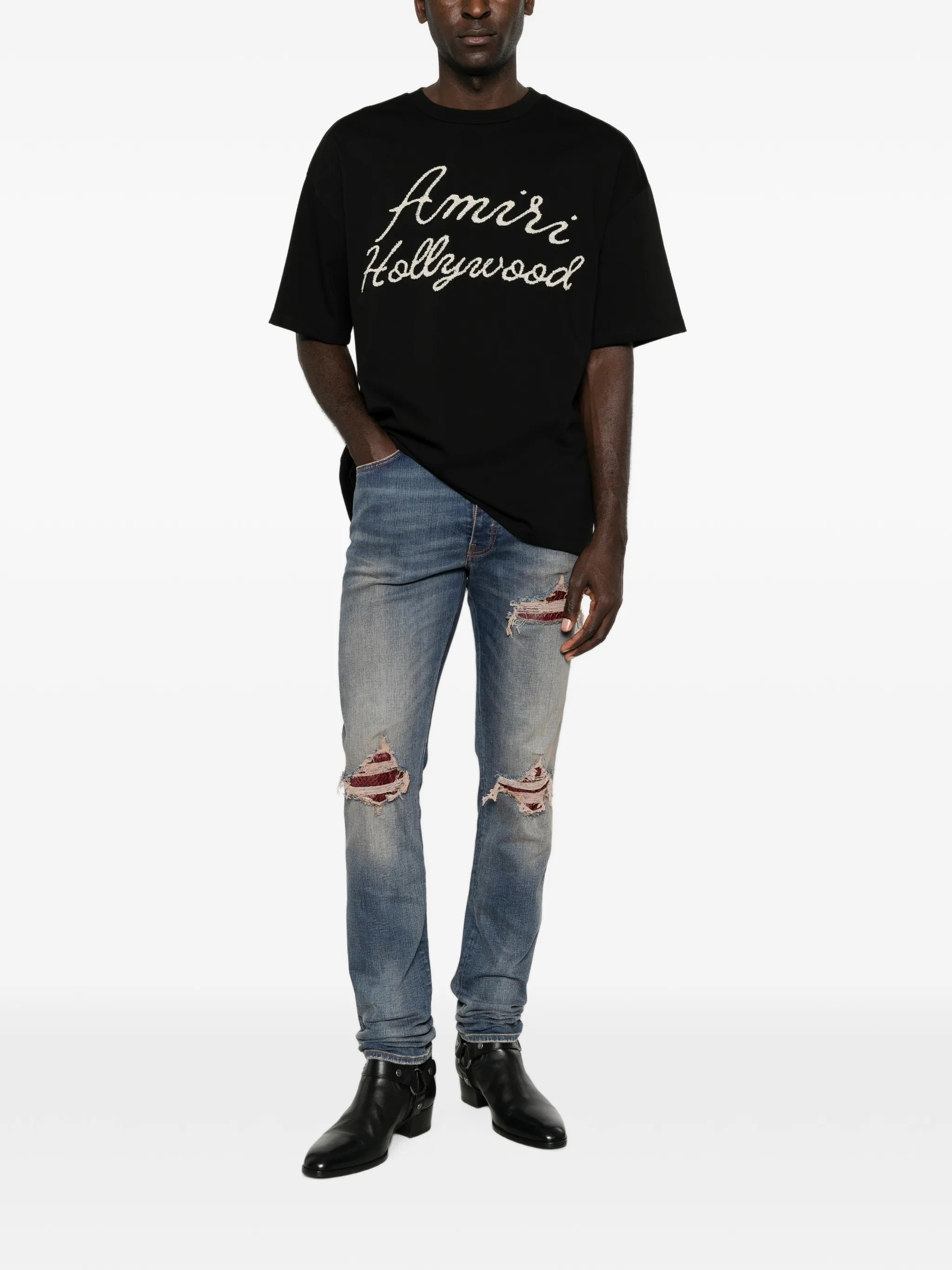 distressed patchwork jeans