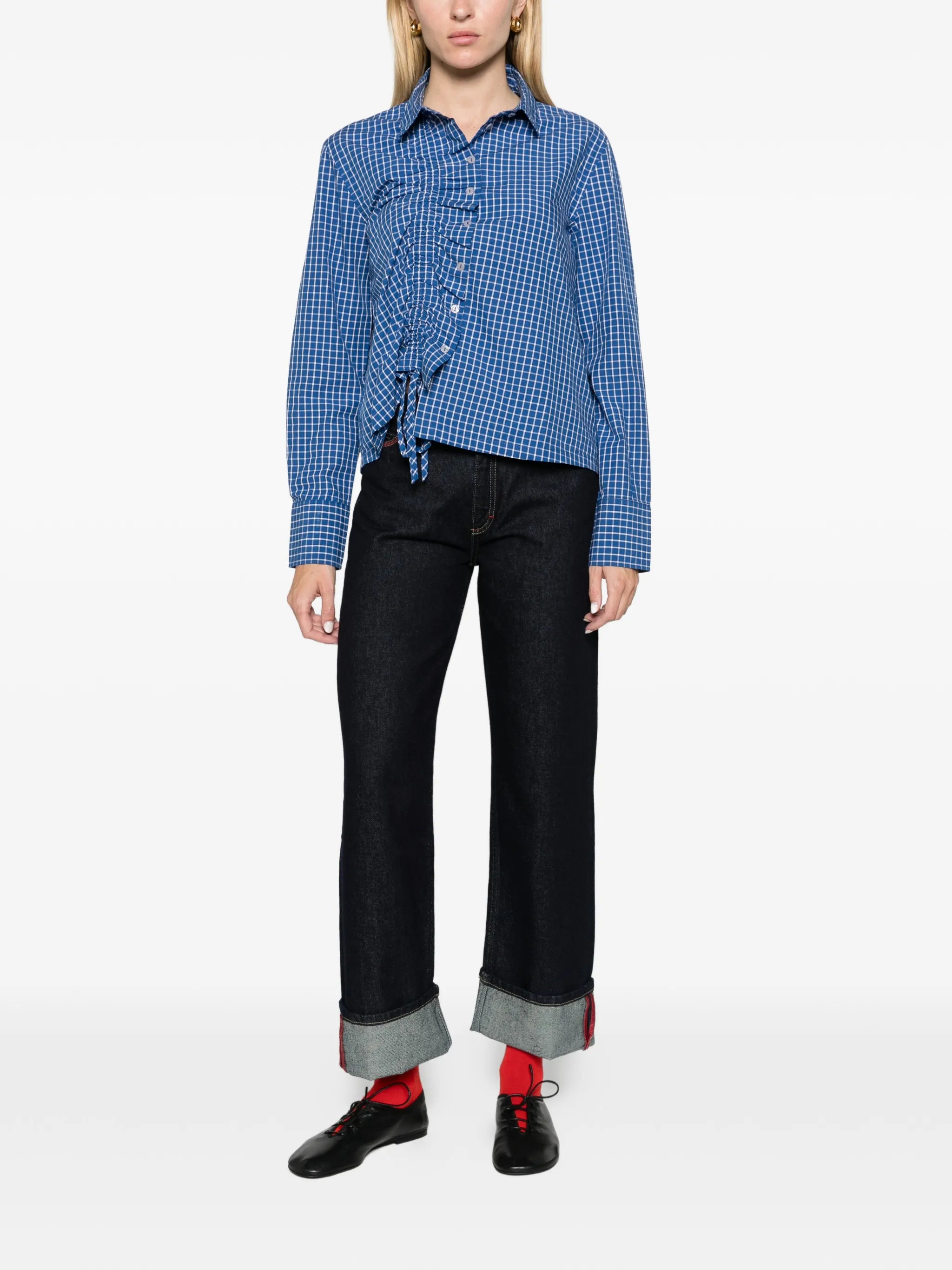 Talia ruched shirt blue check