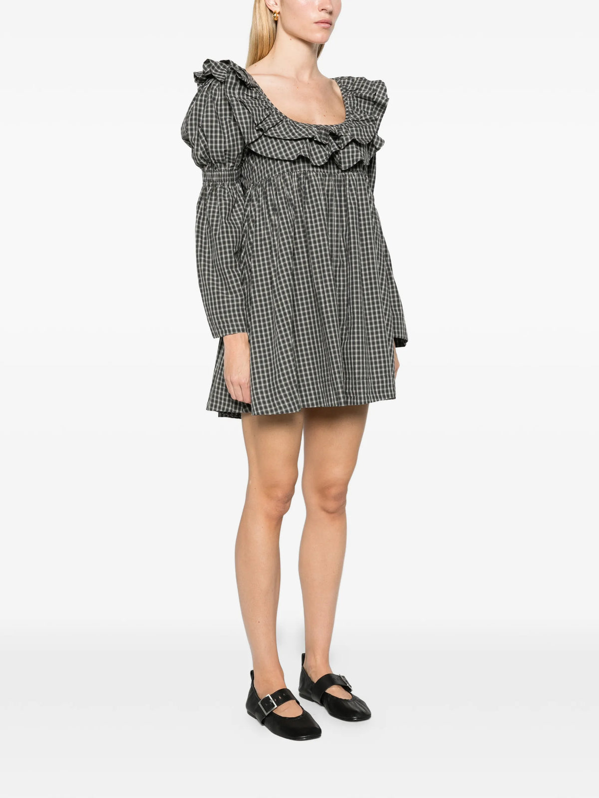 Pheonix ruffle mini dress navy green check