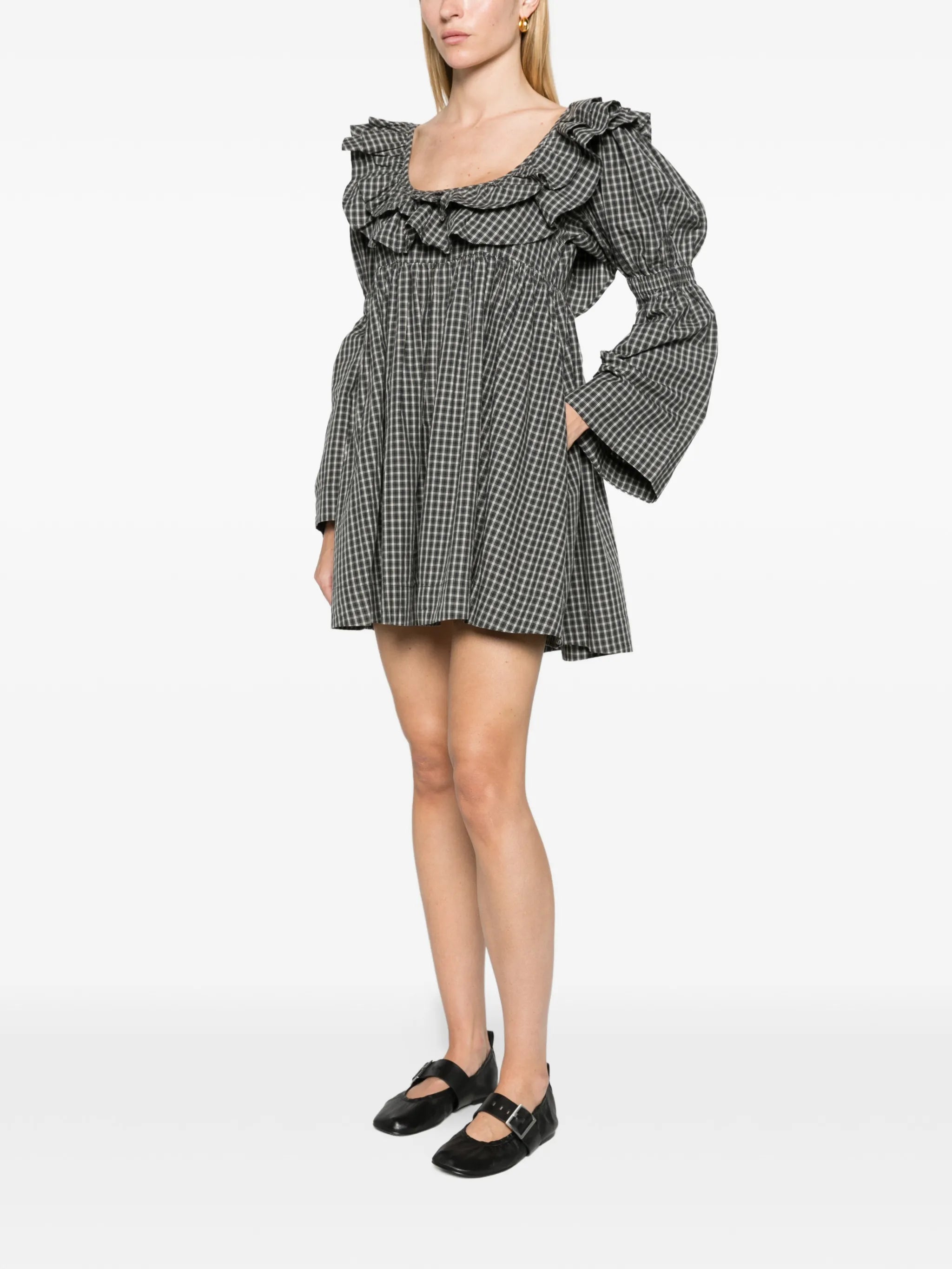 Pheonix ruffle mini dress navy green check