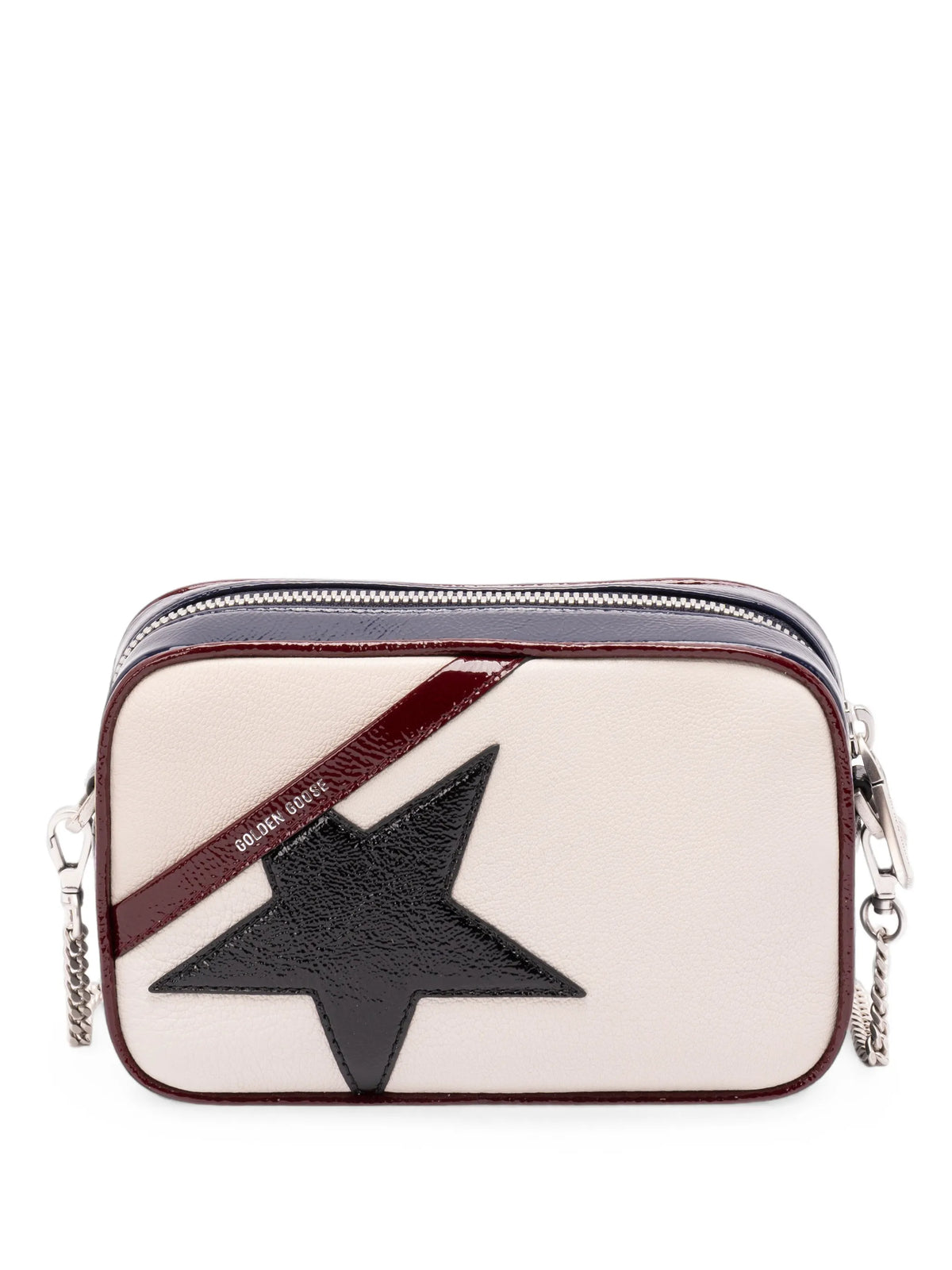 mini Star bag in butter-white leather with black star and burgundy and dark blue details