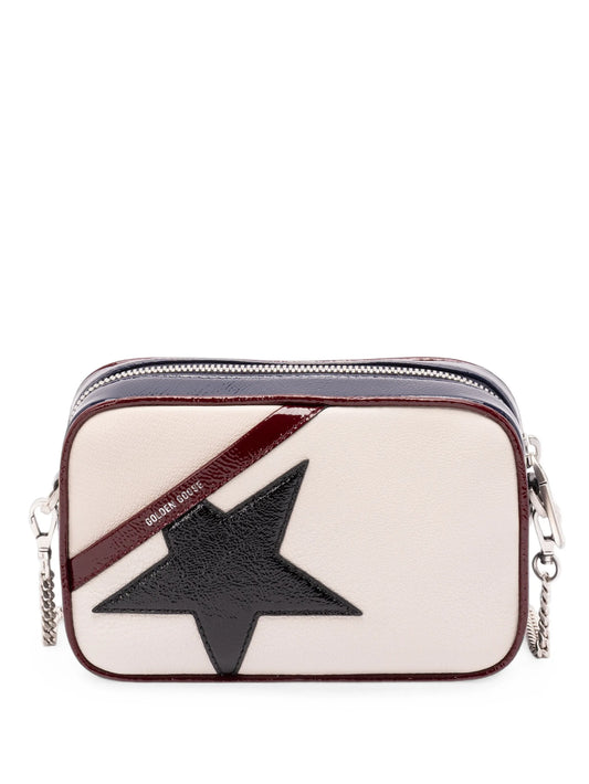 mini Star bag in butter-white leather with black star and burgundy and dark blue details