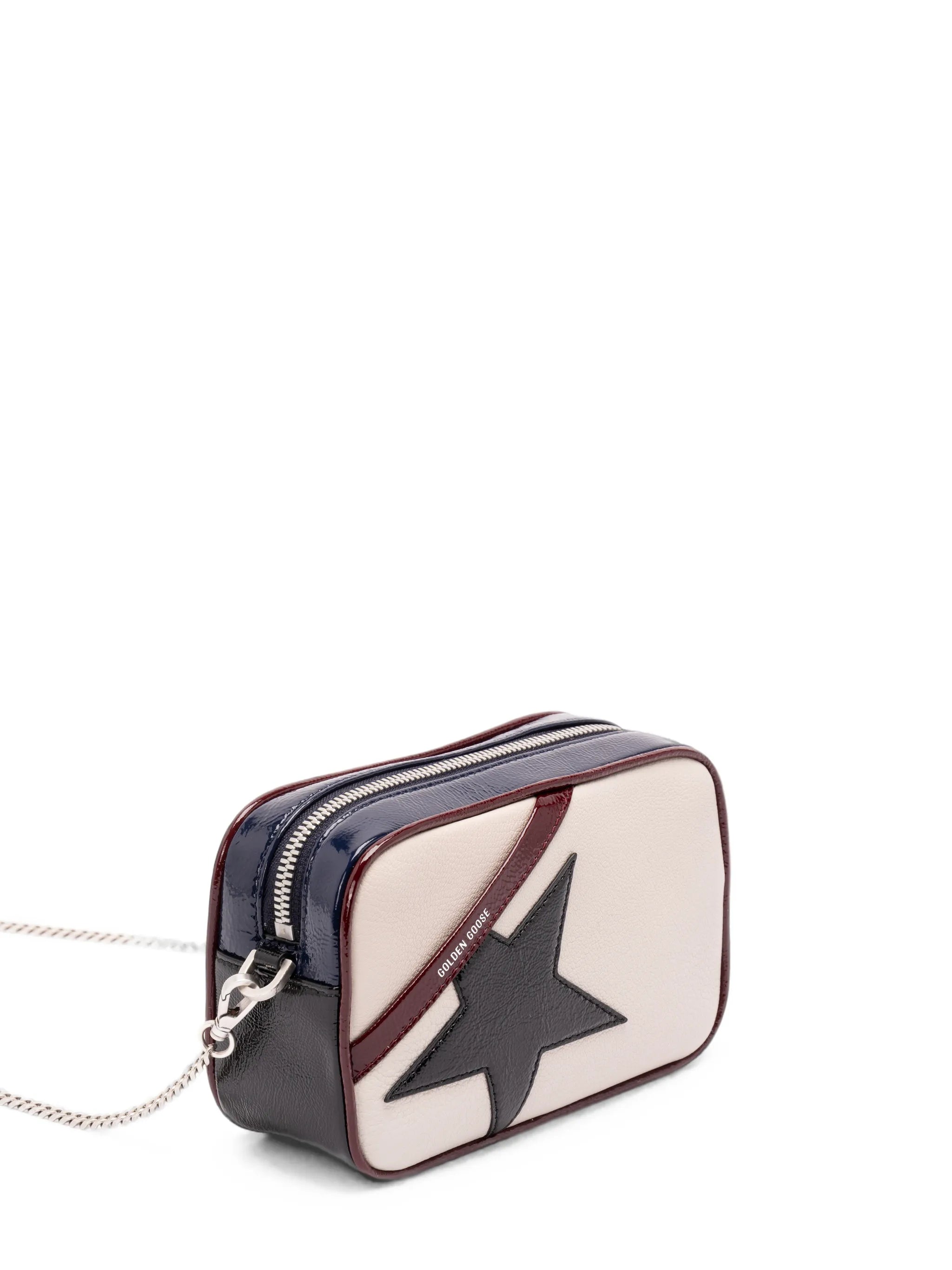 mini Star bag in butter-white leather with black star and burgundy and dark blue details