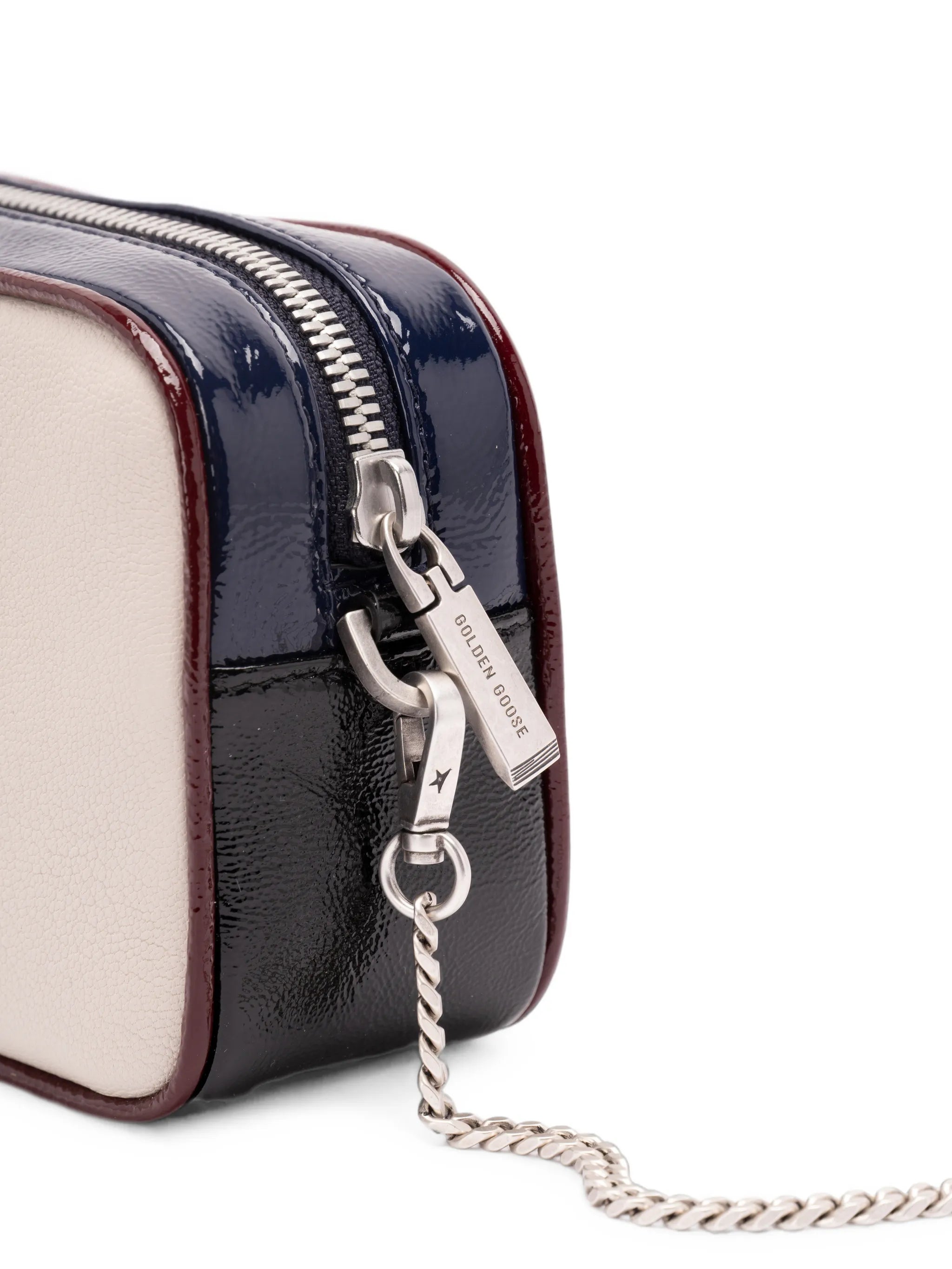 mini Star bag in butter-white leather with black star and burgundy and dark blue details