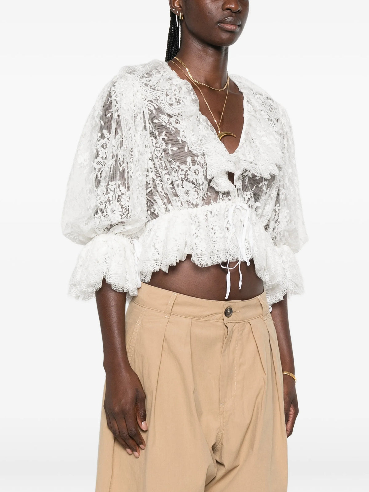 cropped lace top with ruffles and v-neckline