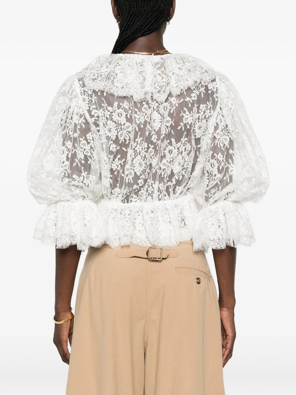 cropped lace top with ruffles and v-neckline