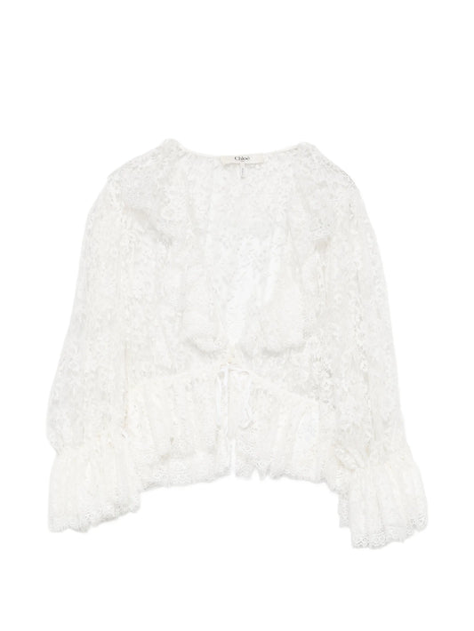 ruffled floral-lace blouse