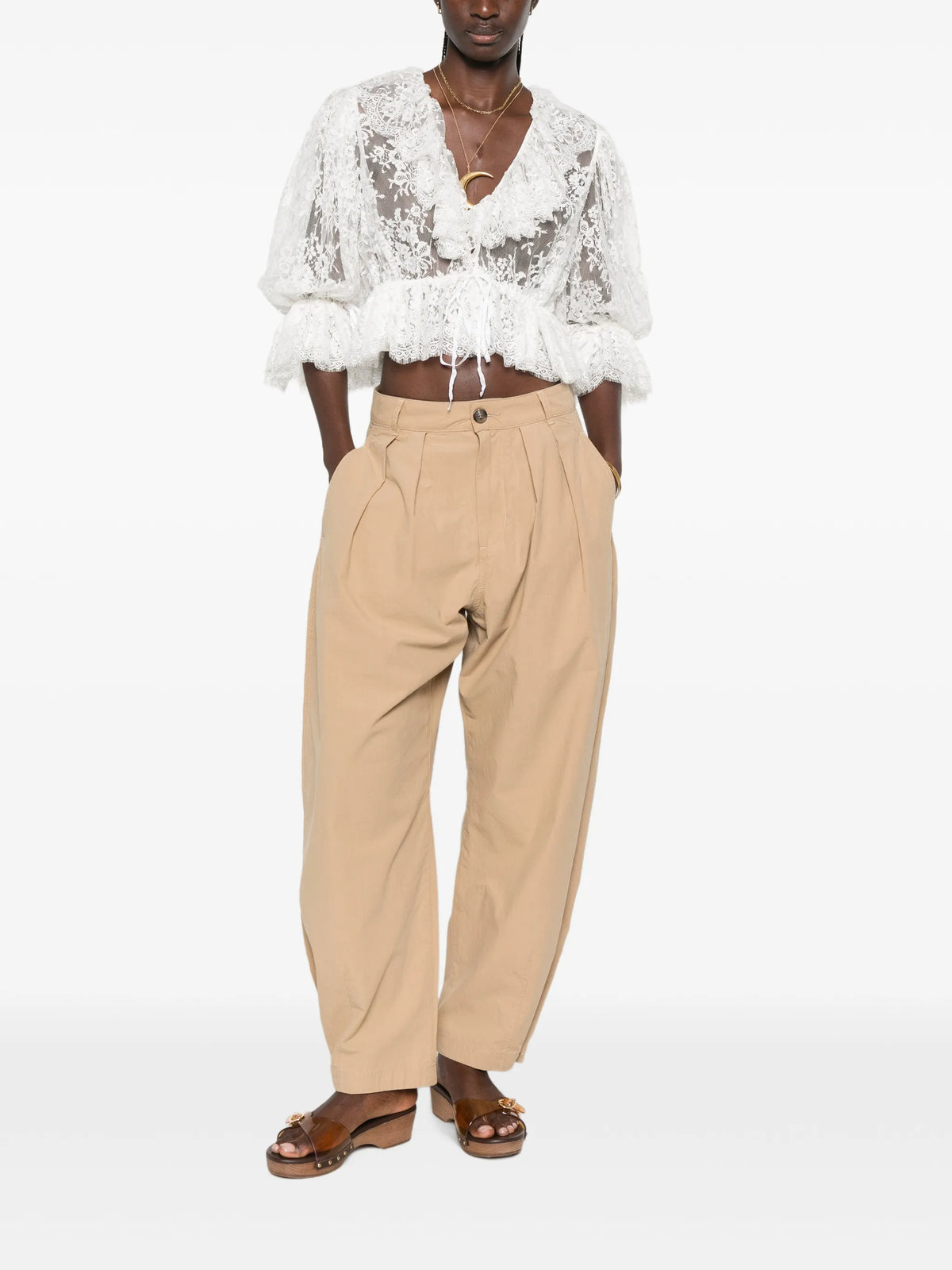 cropped lace top with ruffles and v-neckline
