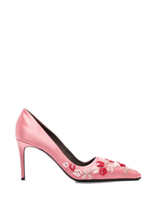 classic satin high-heel pumps rose-embroidered