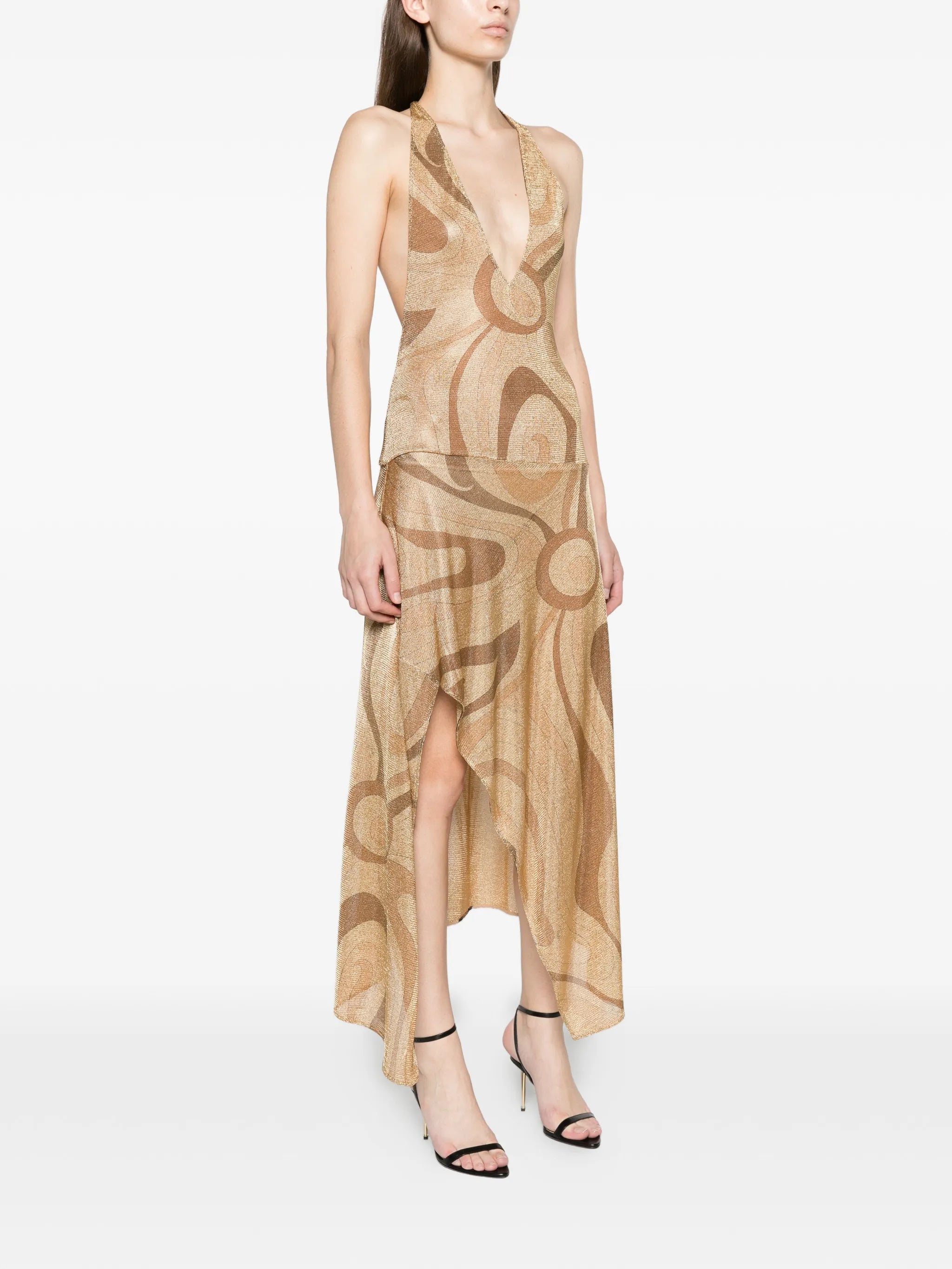 Marmo-print voile gold dress