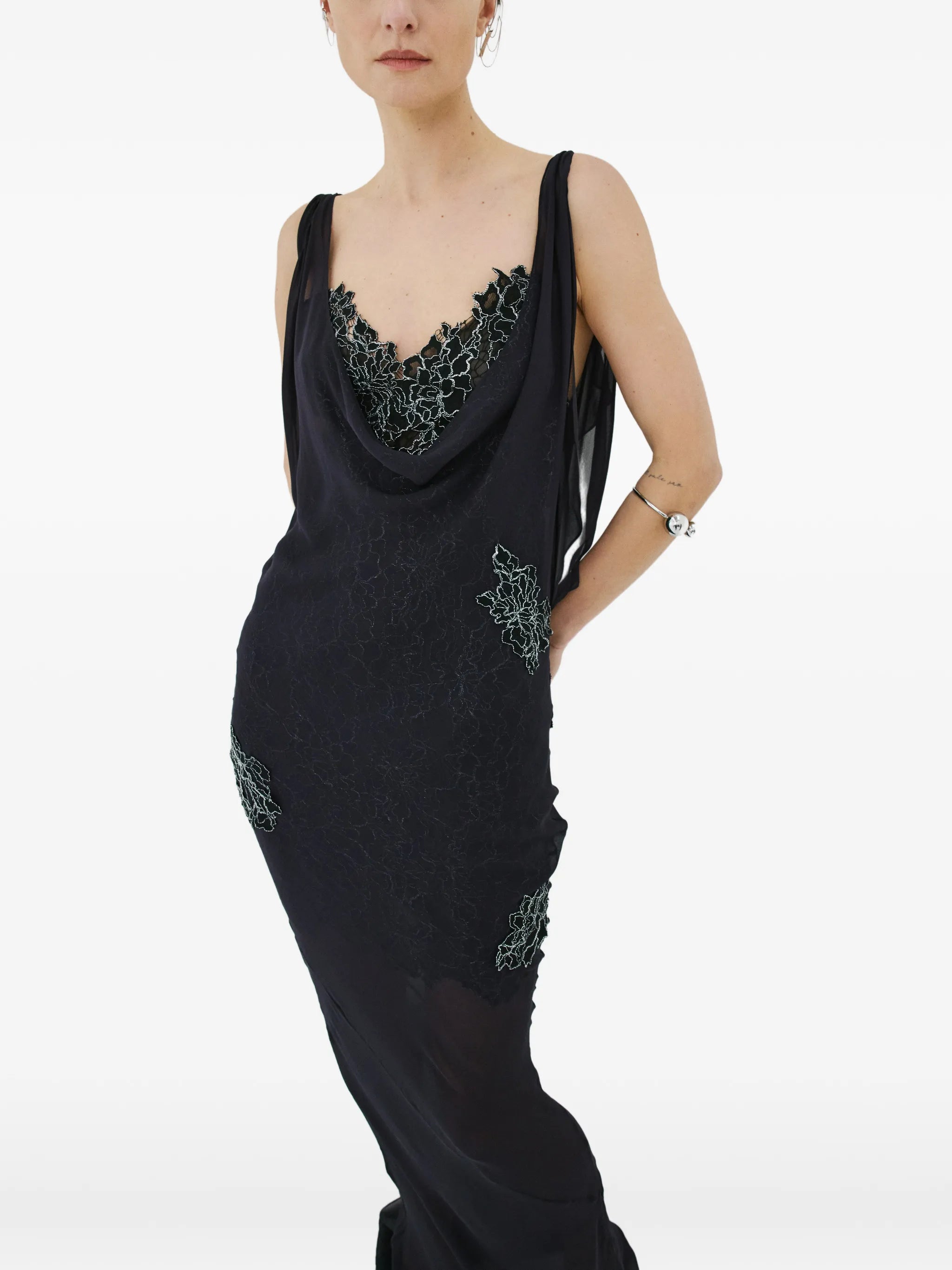 Emerald lace-embellished ruffled maxi dress