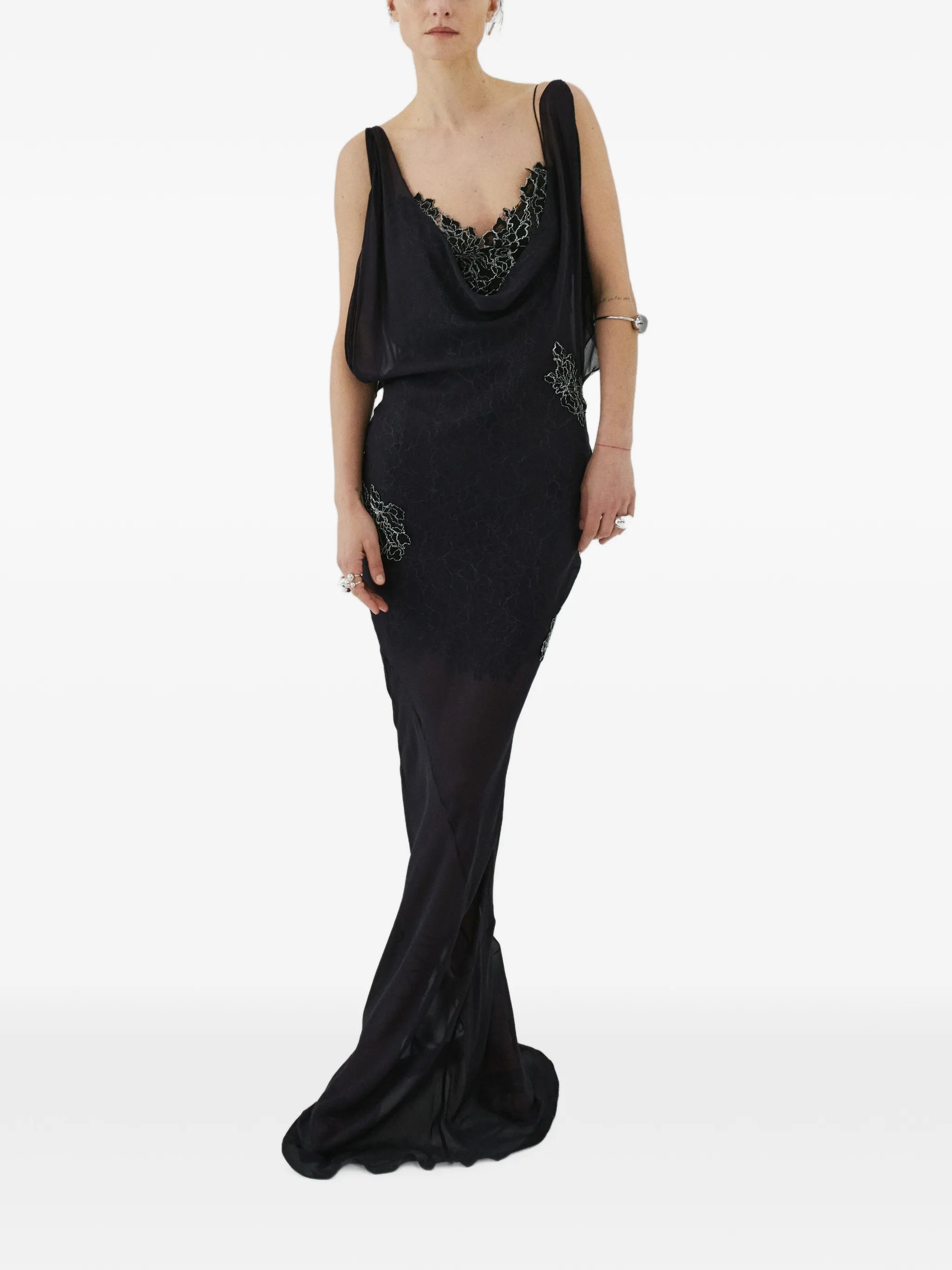 Emerald lace-embellished ruffled maxi dress