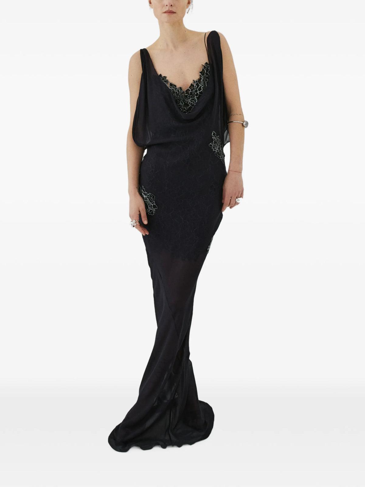 Emerald lace-embellished ruffled maxi dress