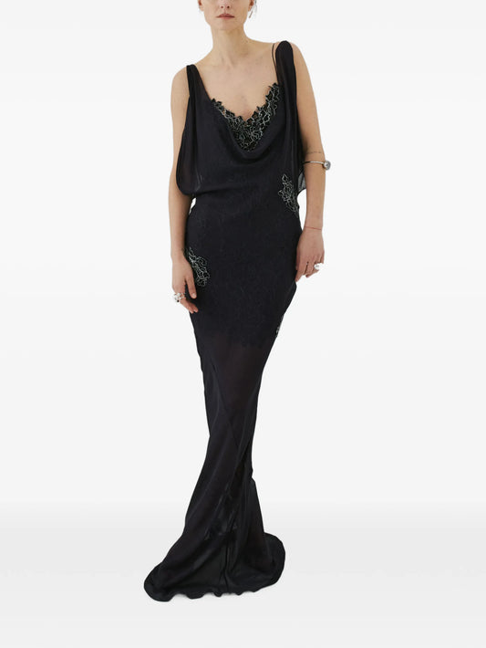 Emerald lace-embellished ruffled maxi dress