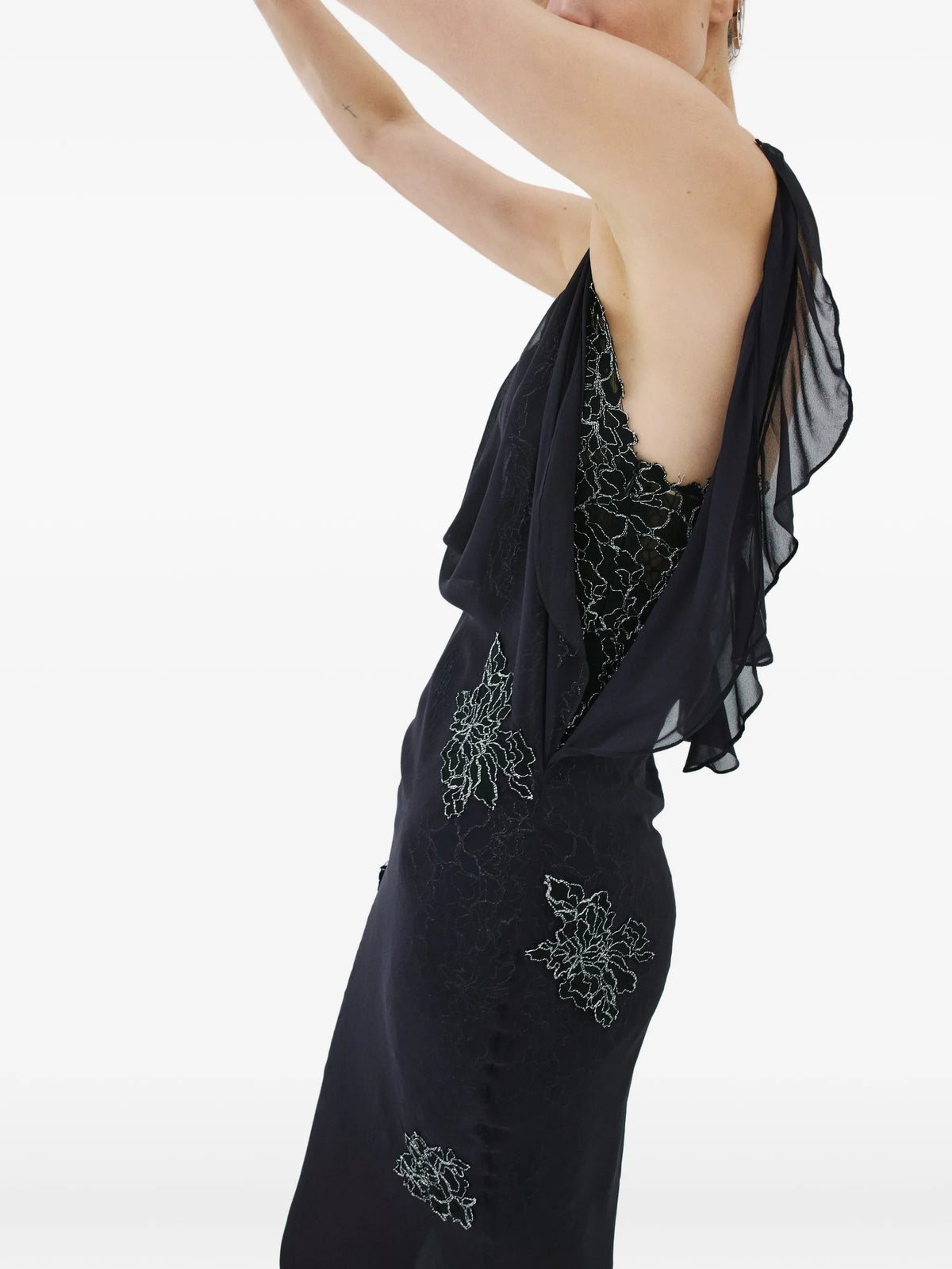 Emerald lace-embellished ruffled maxi dress