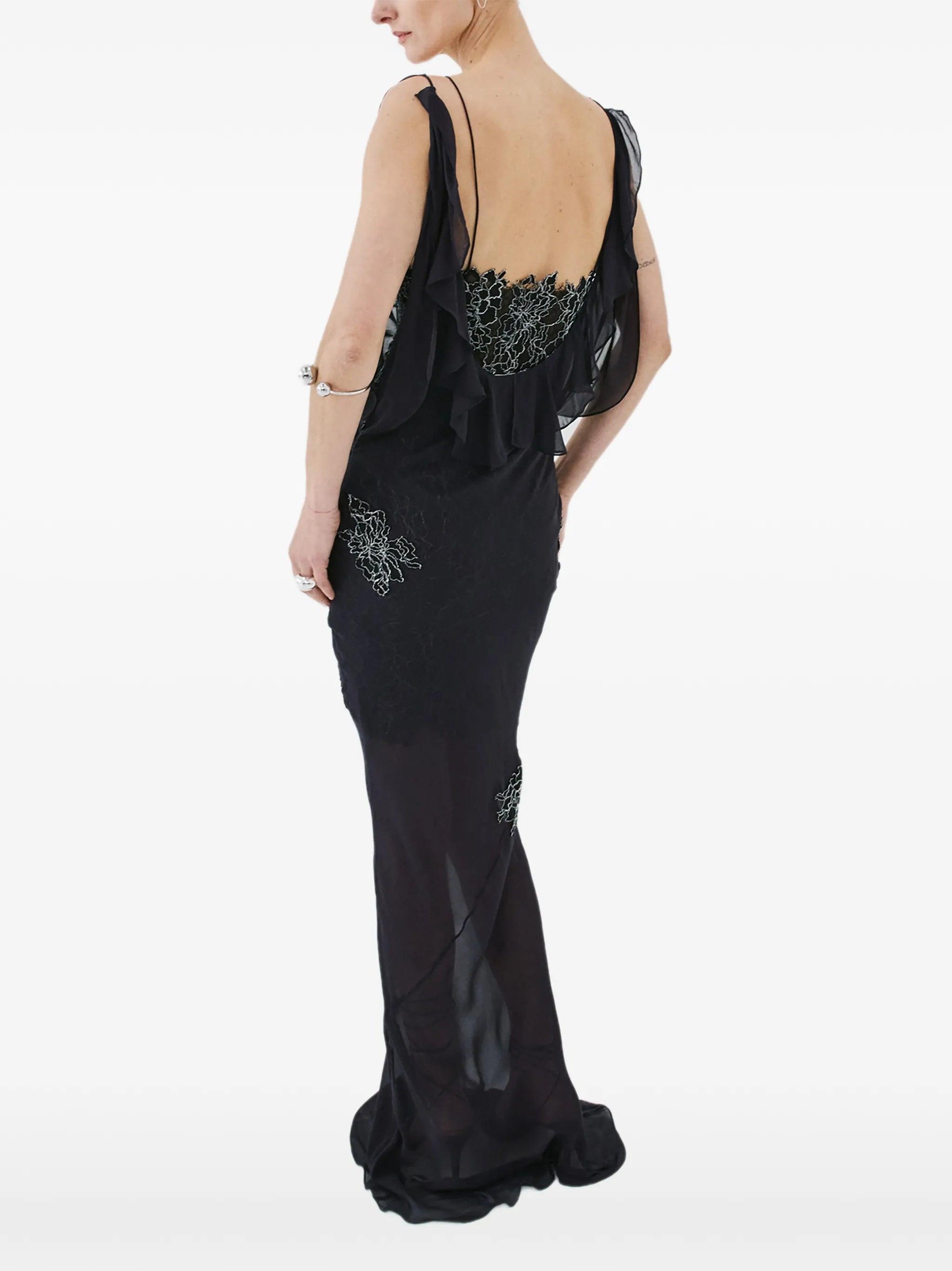 Emerald lace-embellished ruffled maxi dress