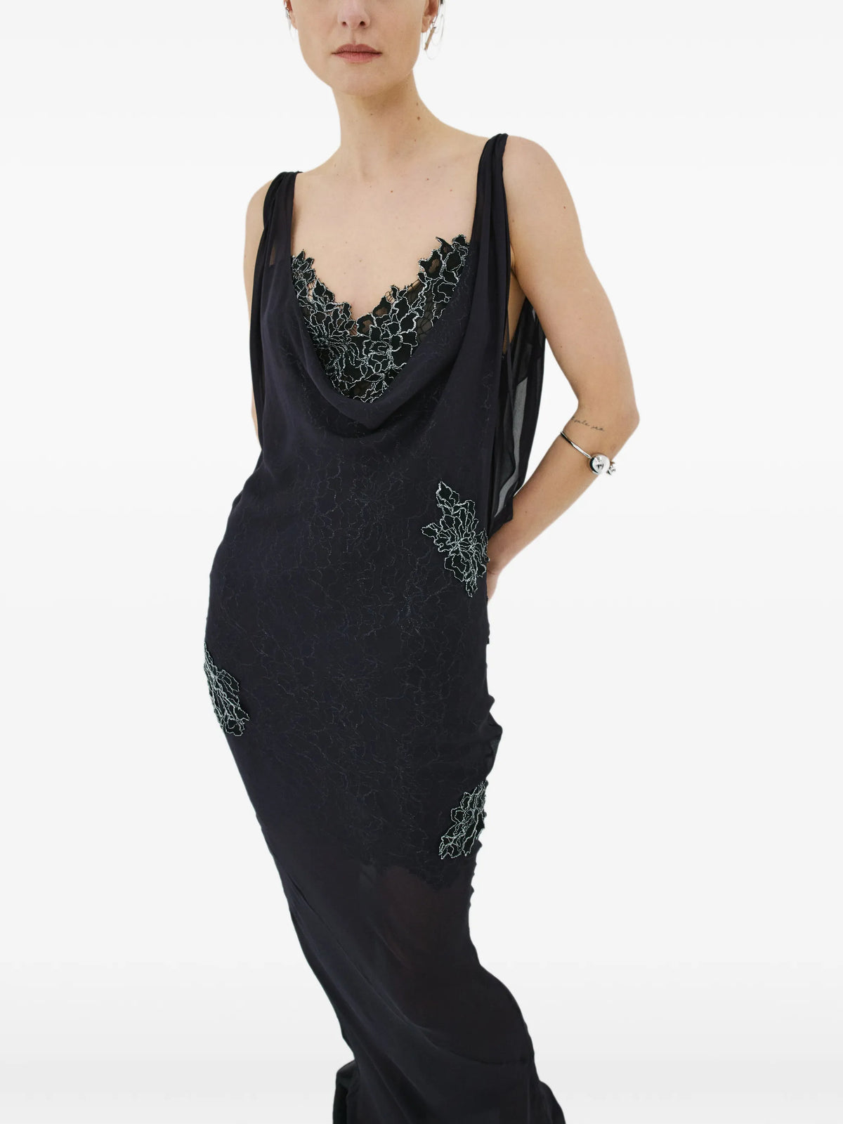 Emerald lace-embellished ruffled maxi dress