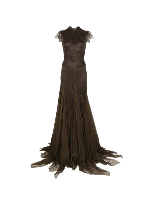 Zephyra maxi dress in chocolate brown fine lace