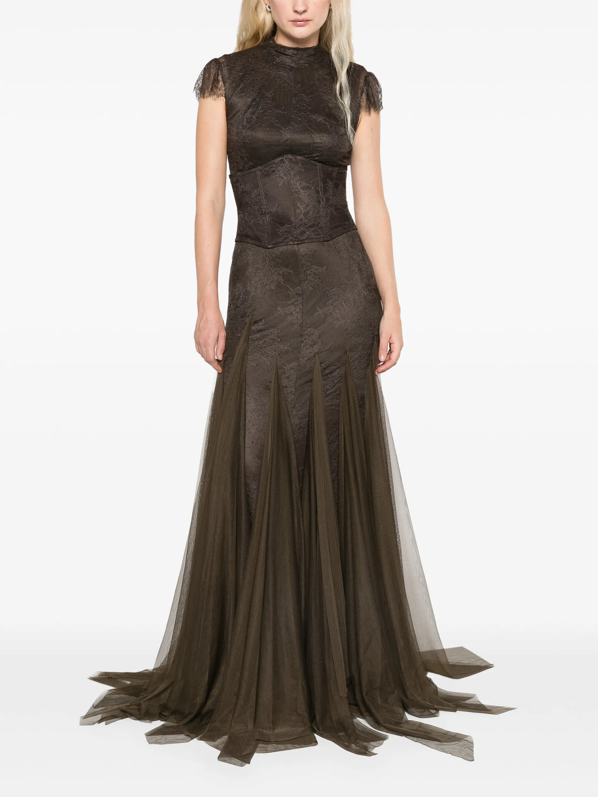 Zephyra maxi dress in chocolate brown fine lace