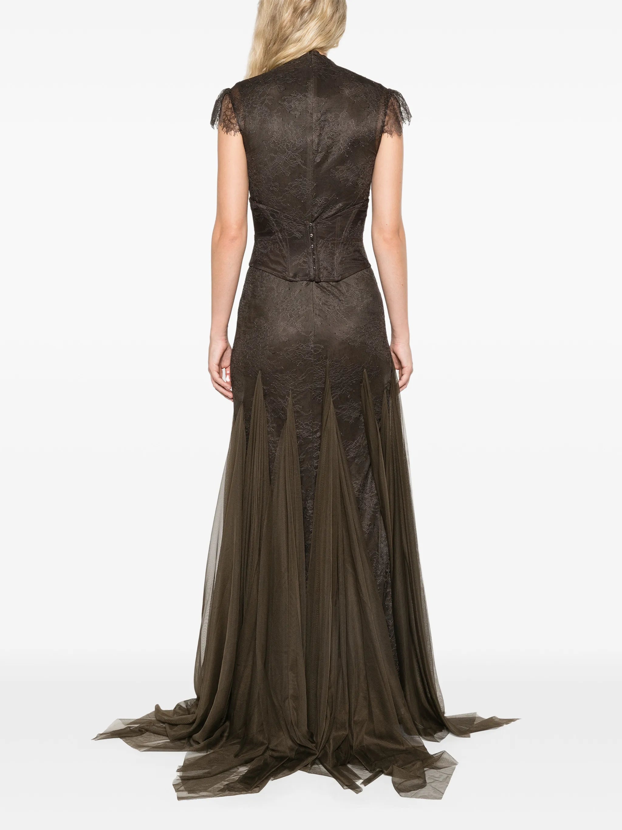 Zephyra maxi dress in chocolate brown fine lace