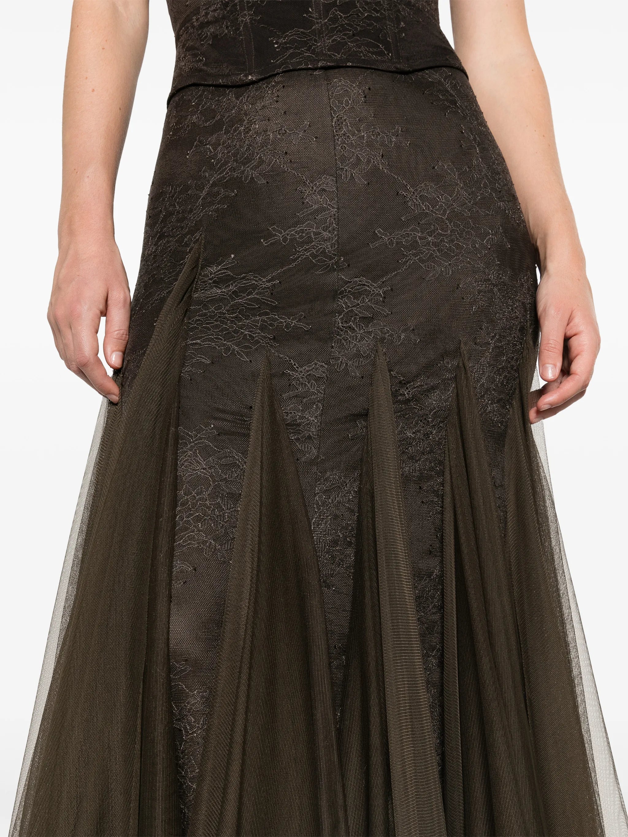 Zephyra maxi dress in chocolate brown fine lace