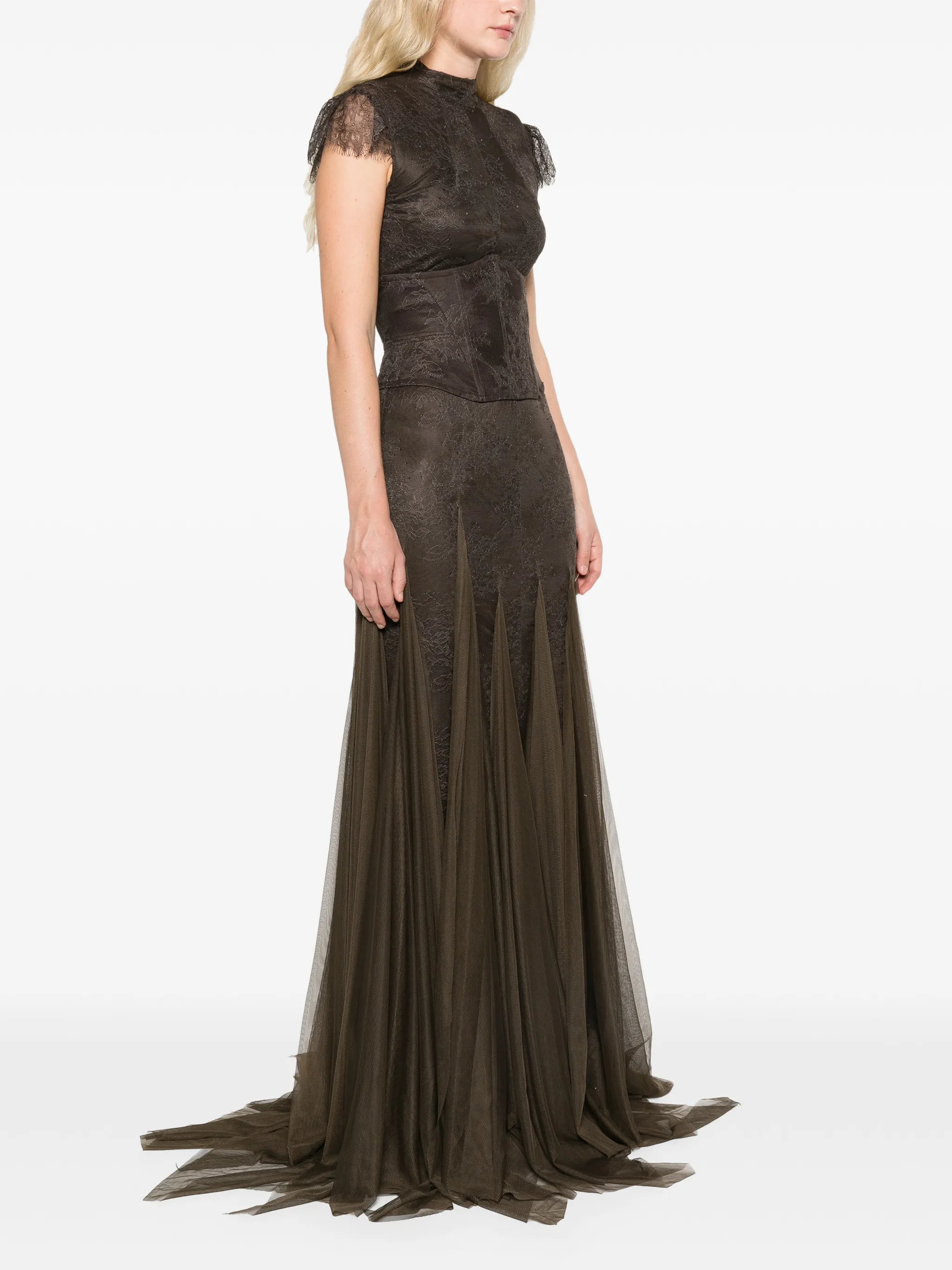 Zephyra maxi dress in chocolate brown fine lace