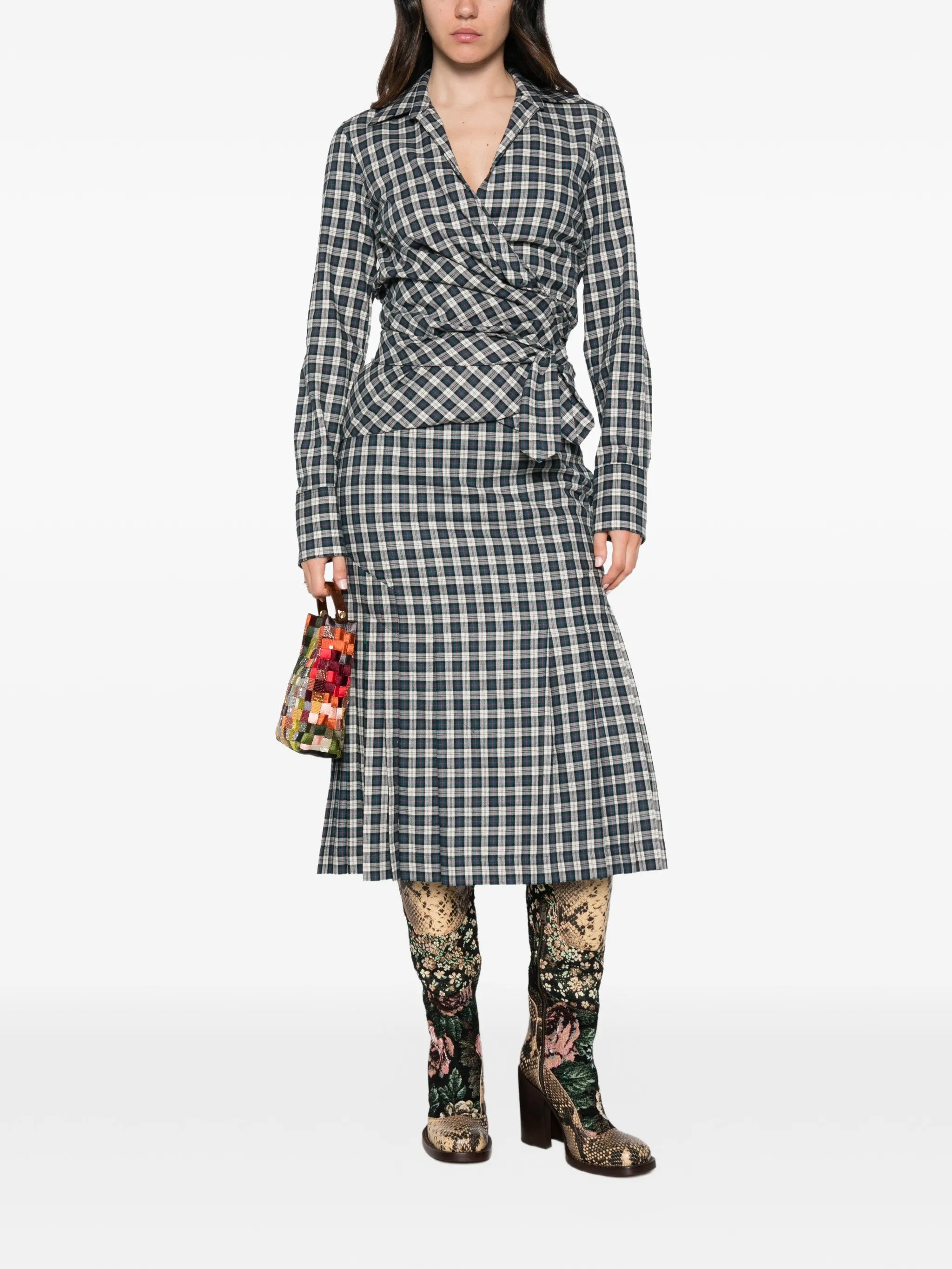 Sianora check-pattern midi pleated skirt