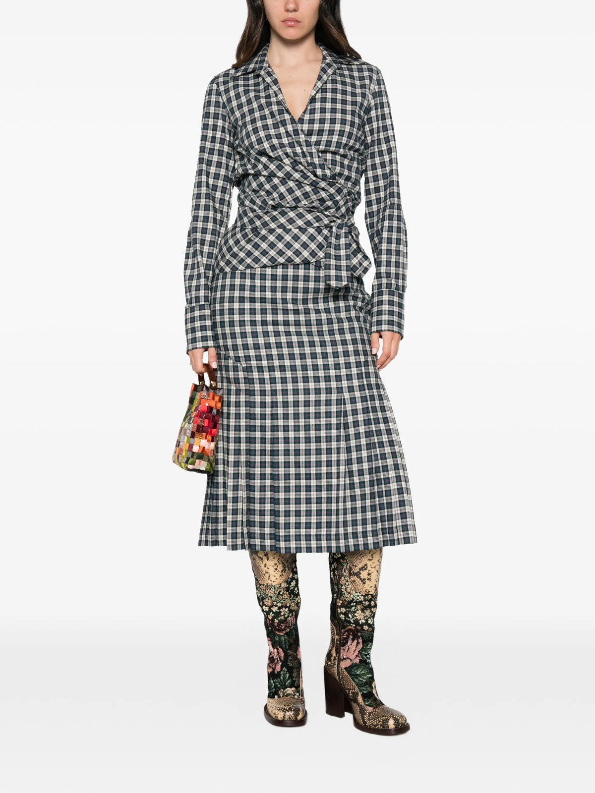 Sianora check-pattern midi pleated skirt