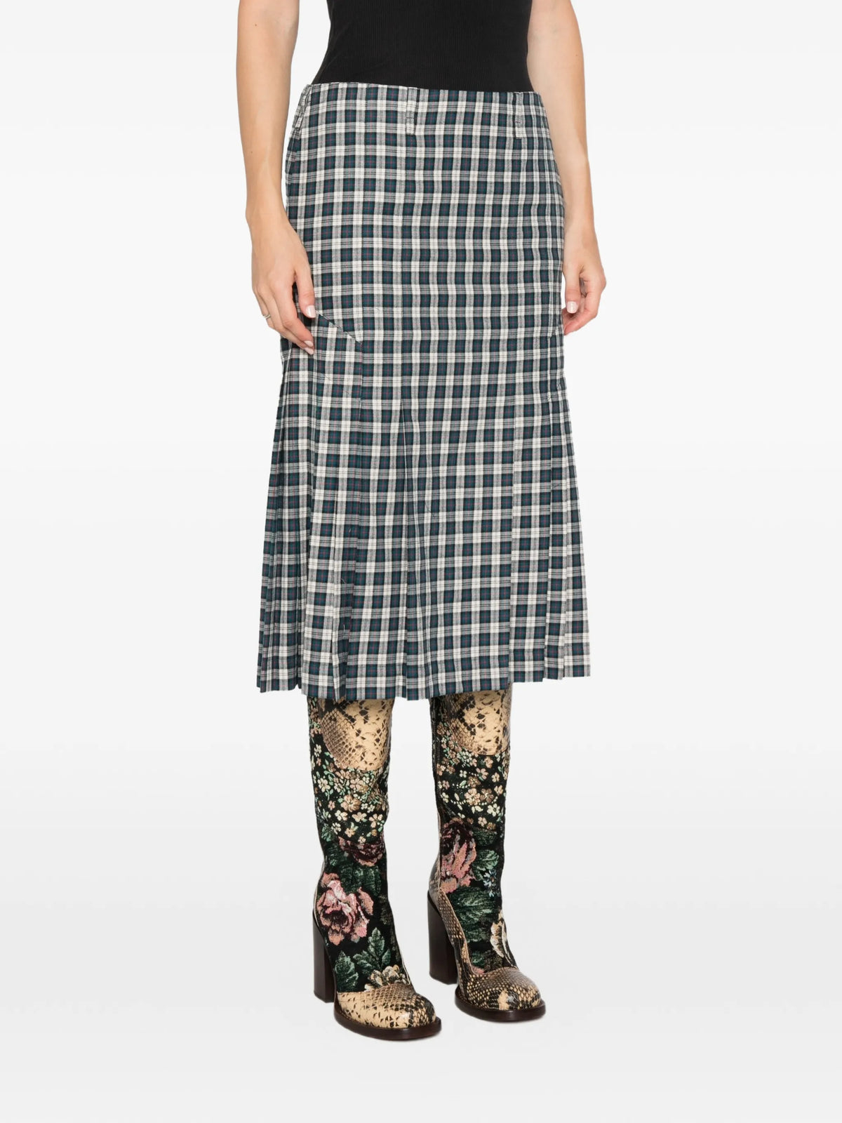 Sianora check-pattern midi pleated skirt