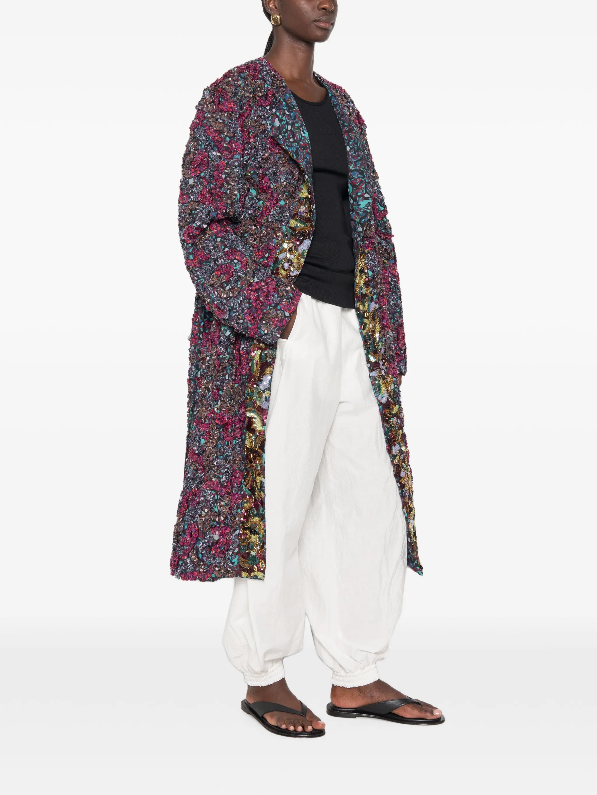 belted-waist embellished coat