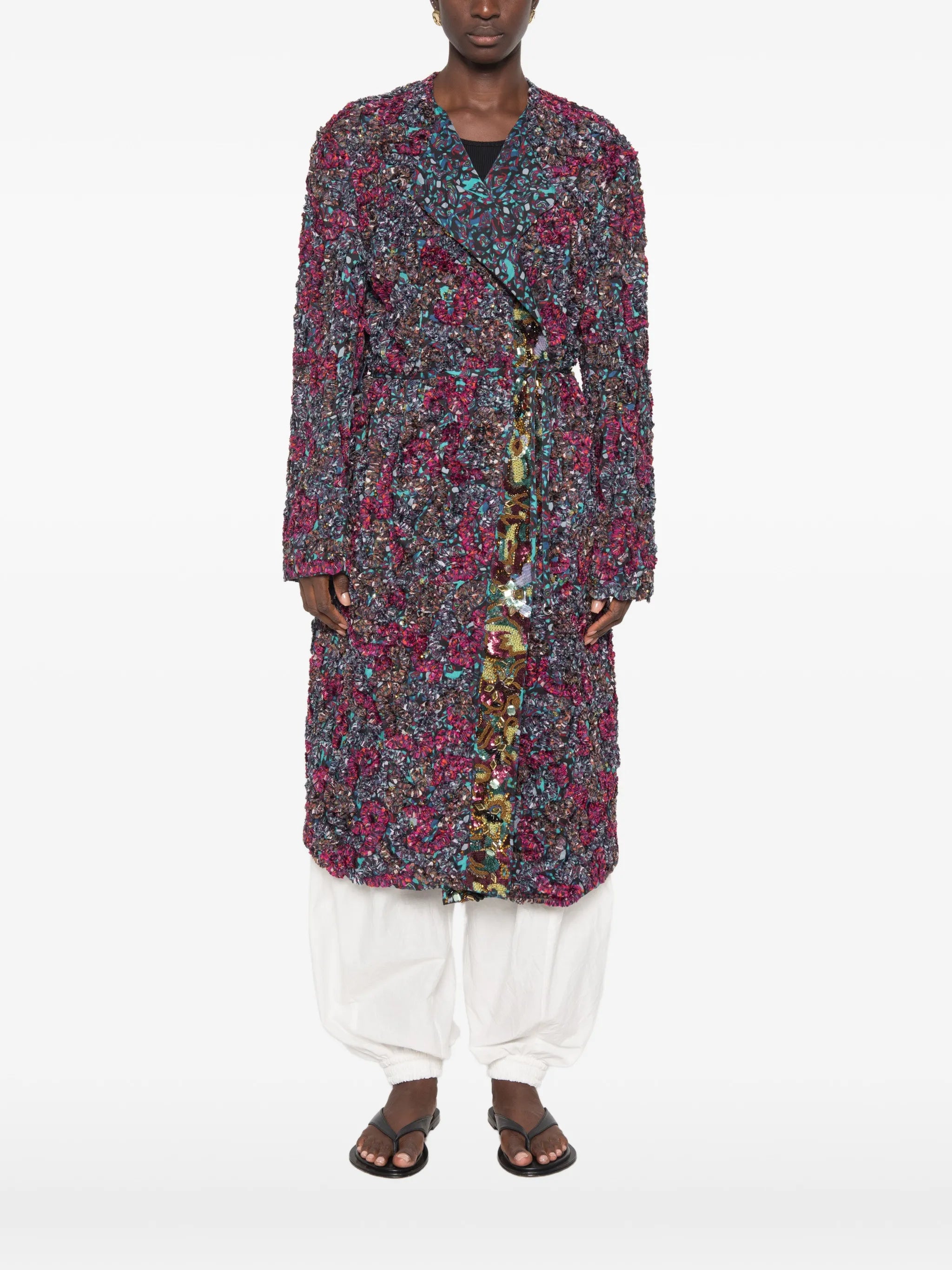 belted-waist embellished coat
