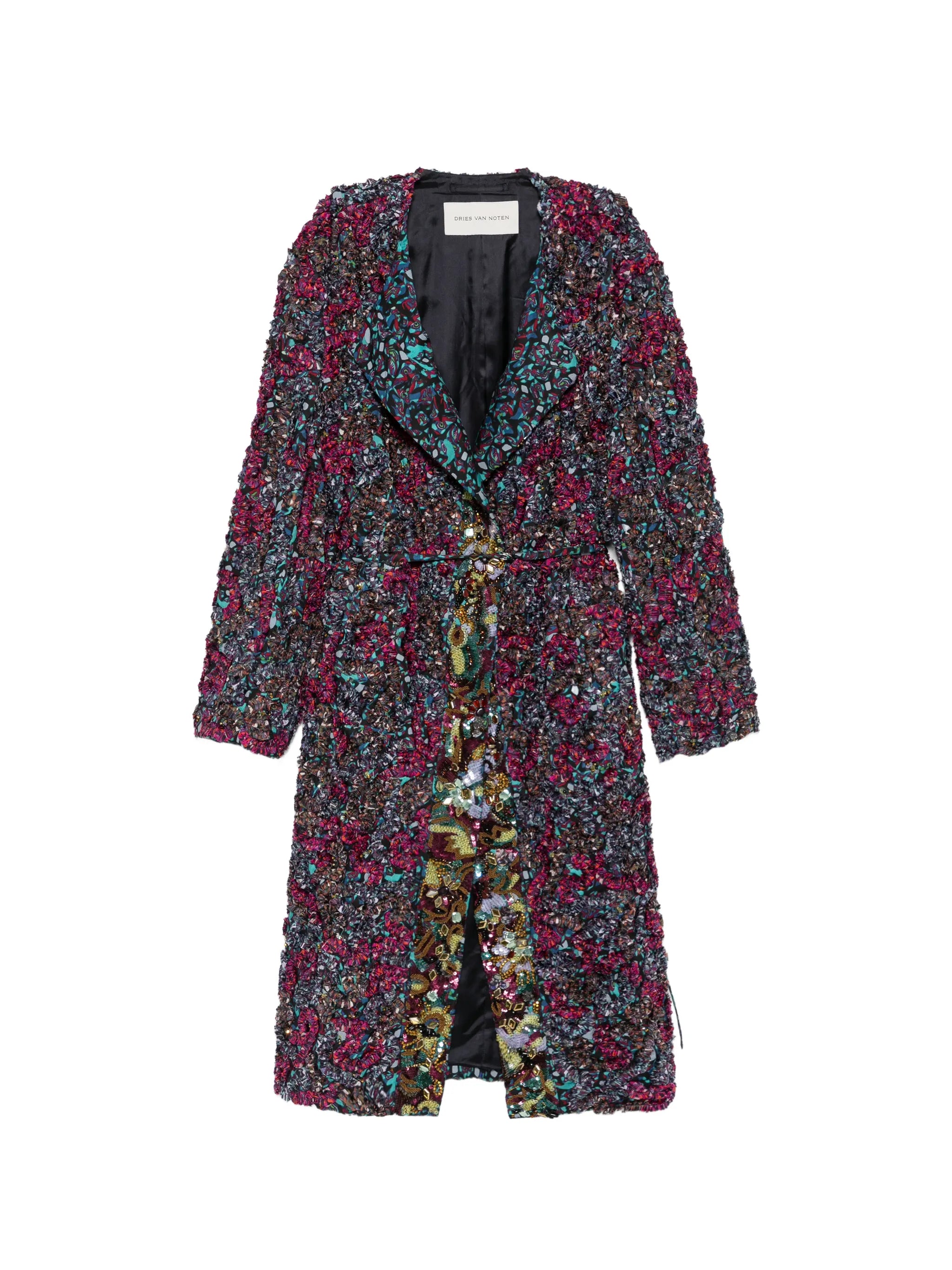 belted-waist embellished coat