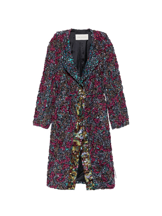 belted-waist embellished coat