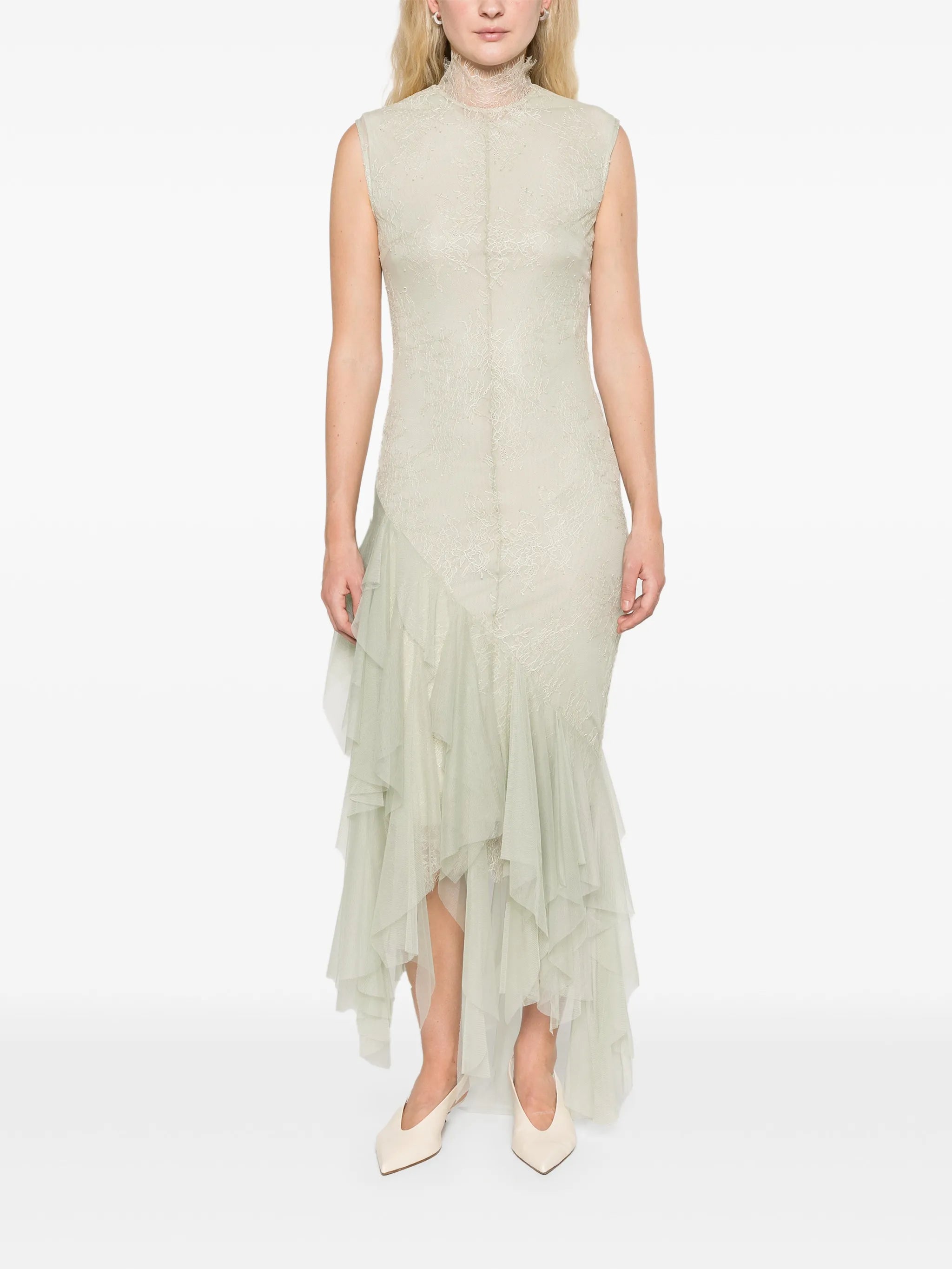 Morwen midi dress in stone beige & sage green fine lace