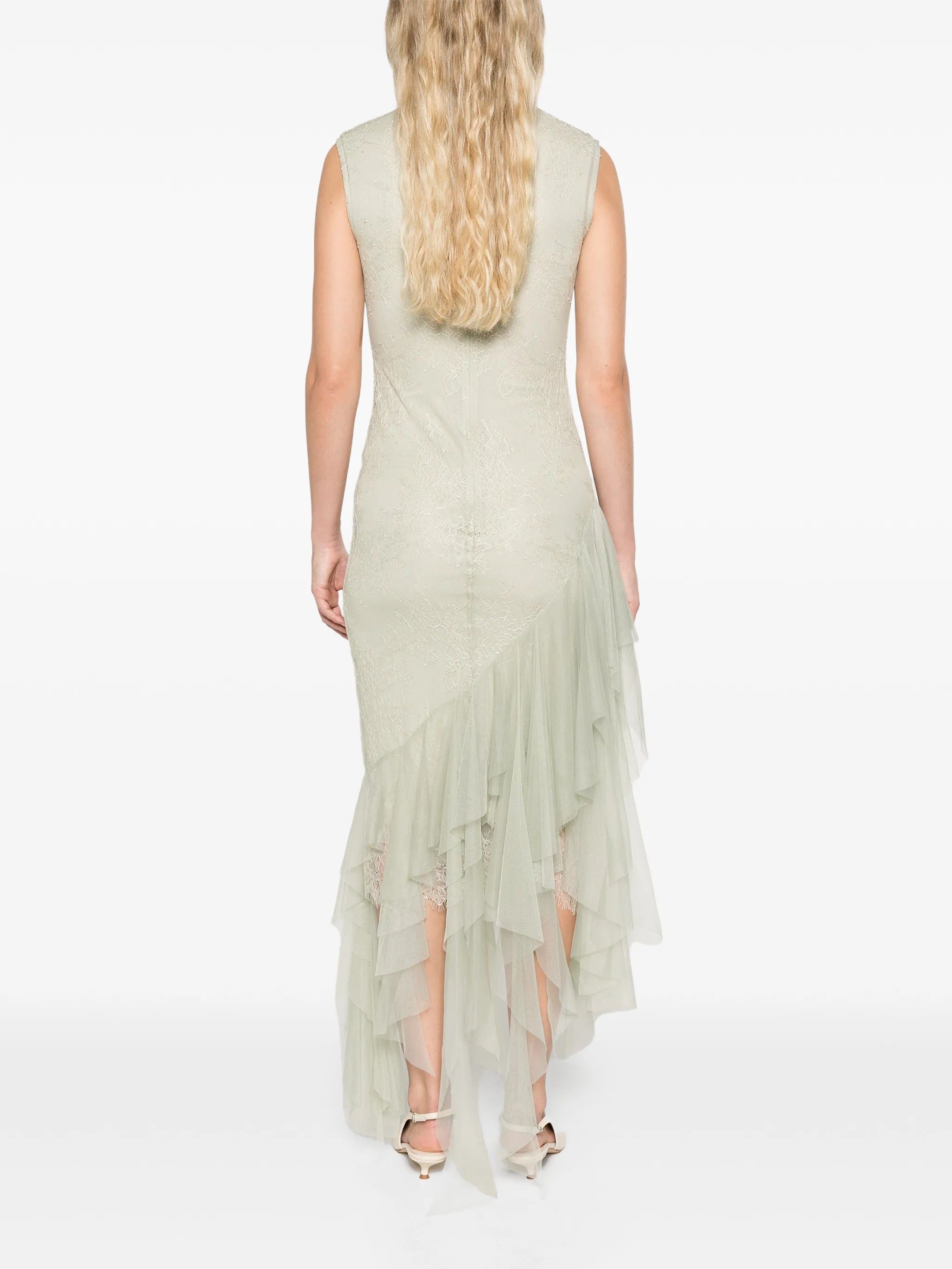 Morwen midi dress in stone beige & sage green fine lace