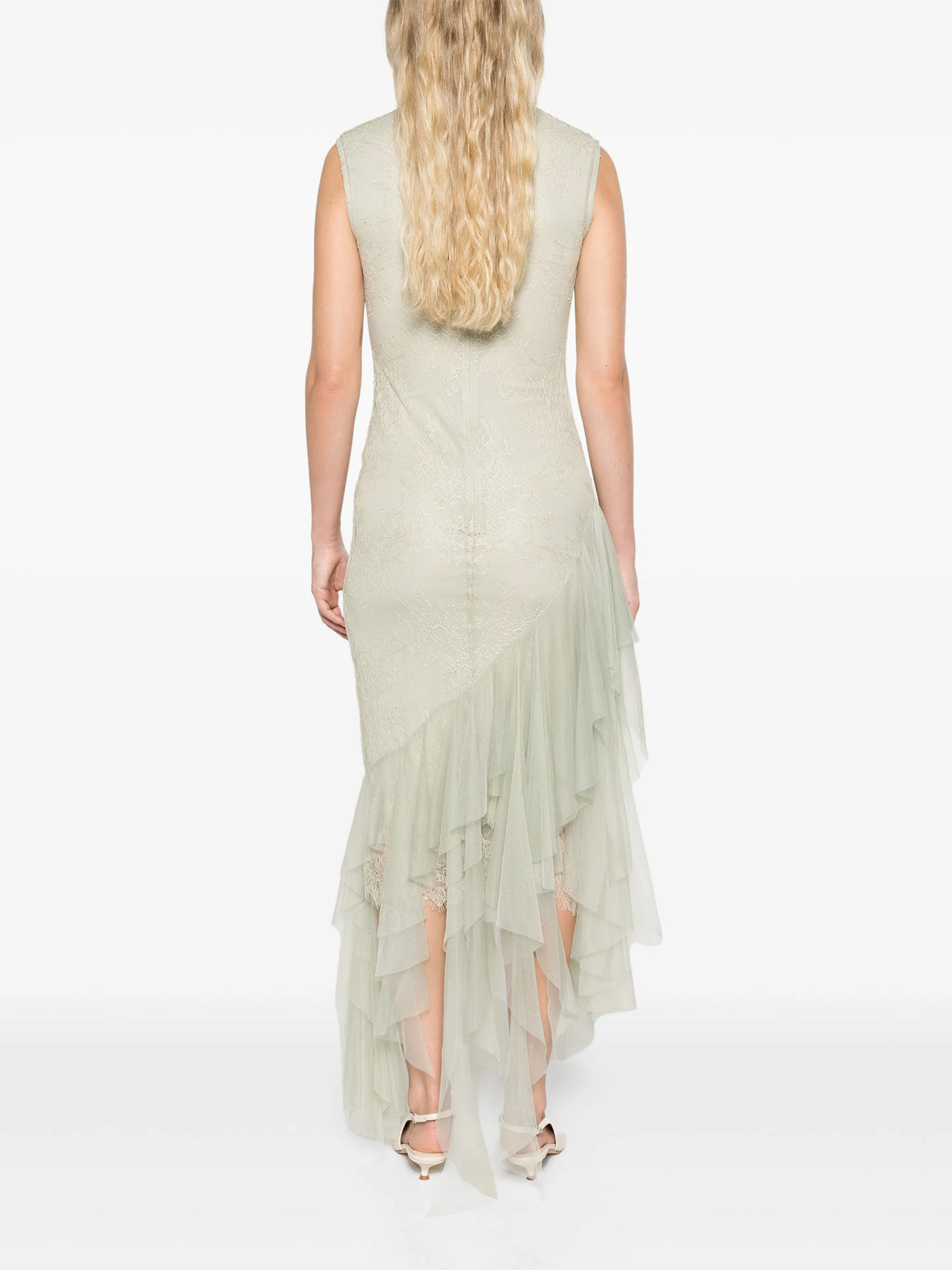 Morwen midi dress in stone beige & sage green fine lace