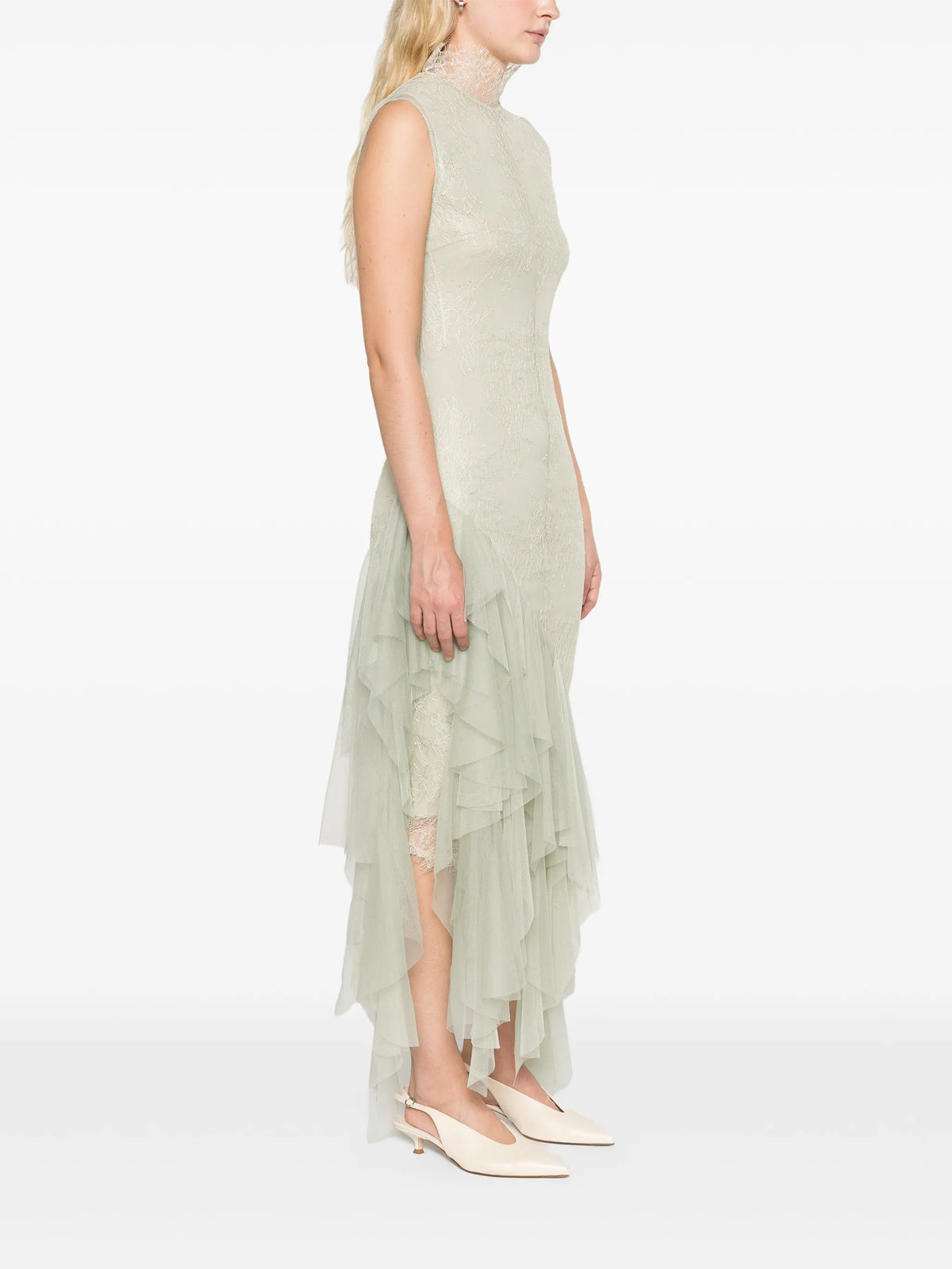 Morwen midi dress in stone beige & sage green fine lace