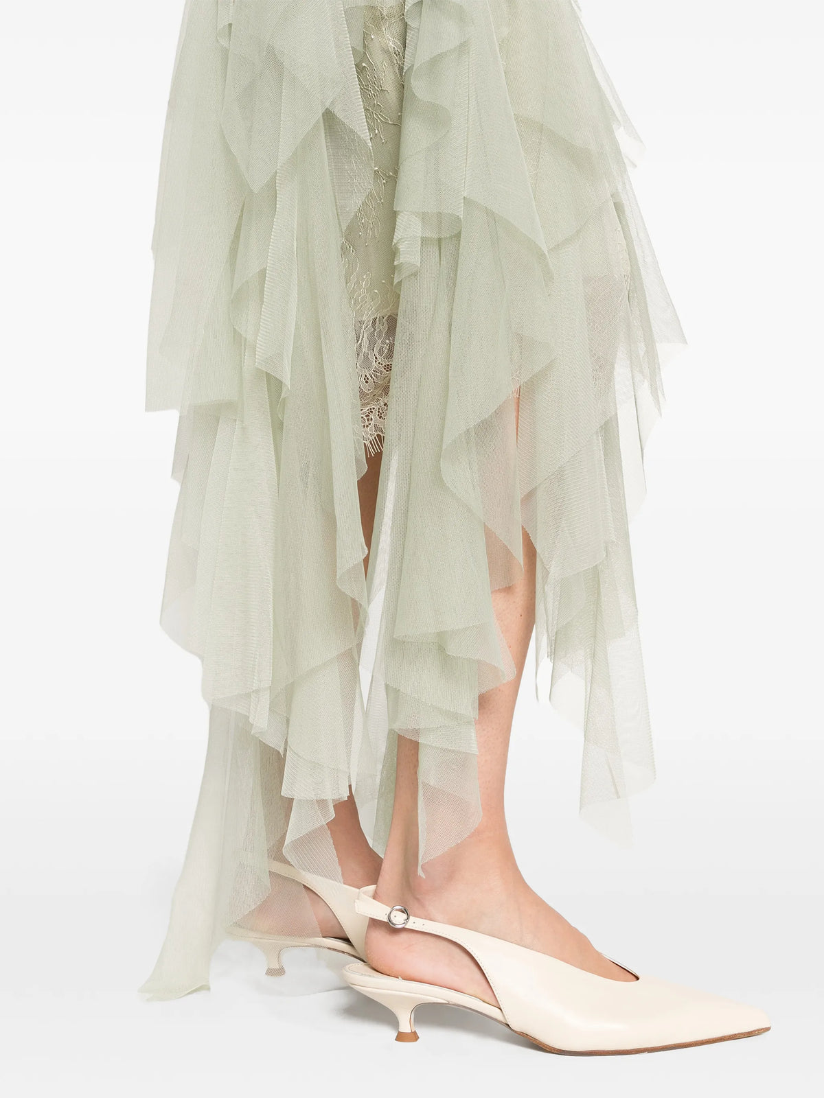 Morwen midi dress in stone beige & sage green fine lace