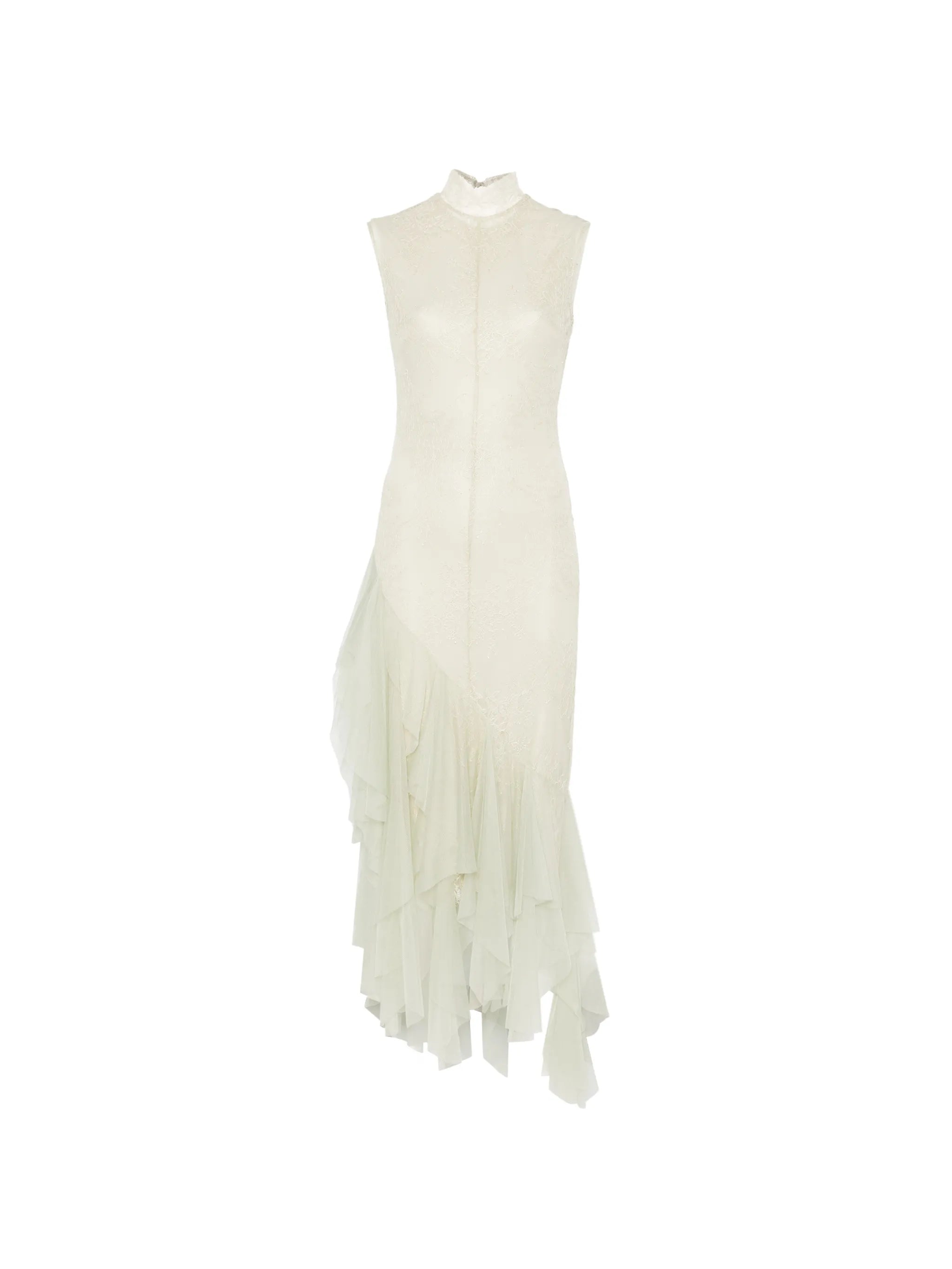 Morwen midi dress in stone beige & sage green fine lace
